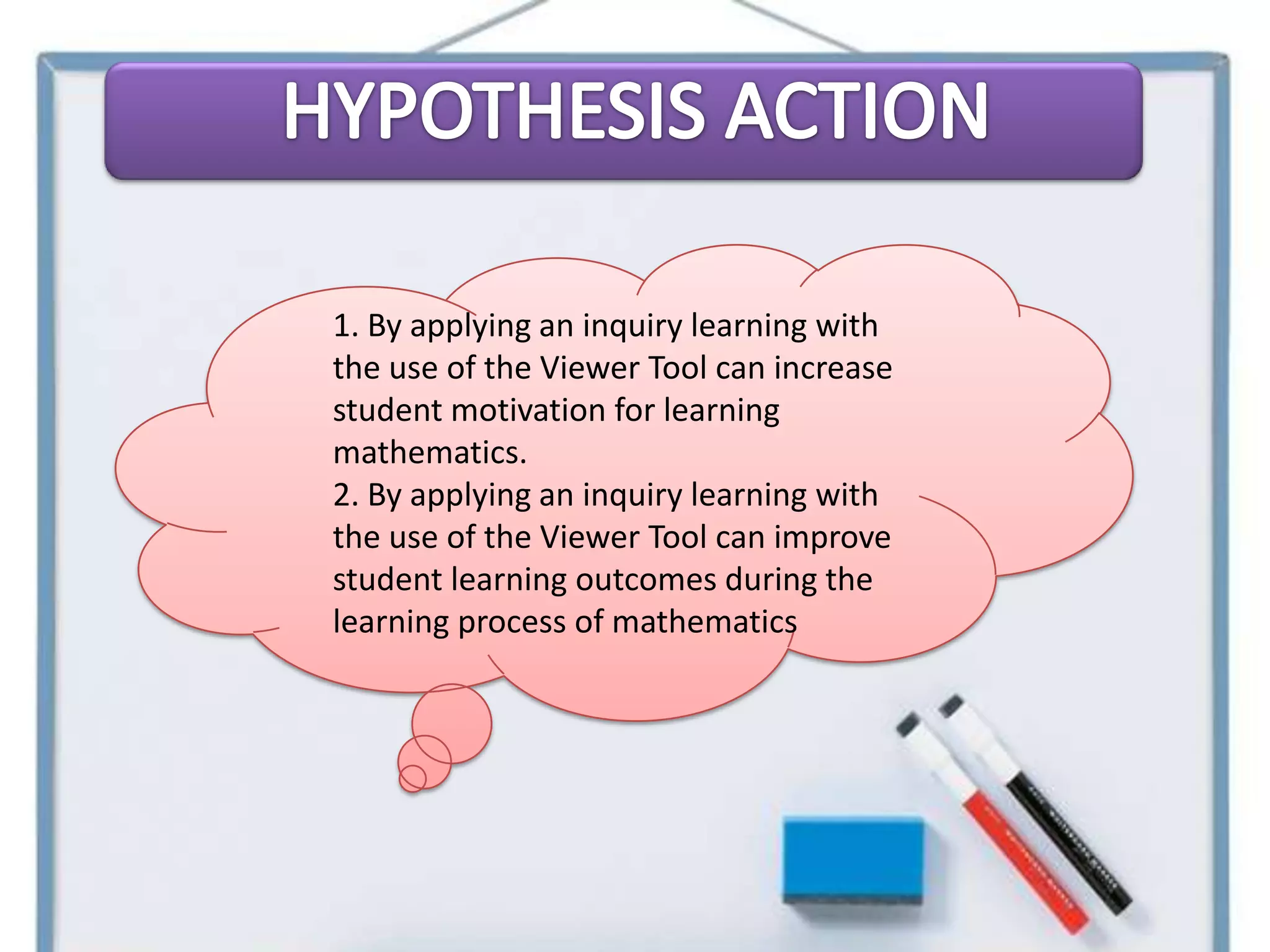 1. By applying an inquiry learning with
the use of the Viewer Tool can increase
student motivation for learning
mathematics.
2. By applying an inquiry learning with
the use of the Viewer Tool can improve
student learning outcomes during the
learning process of mathematics
 