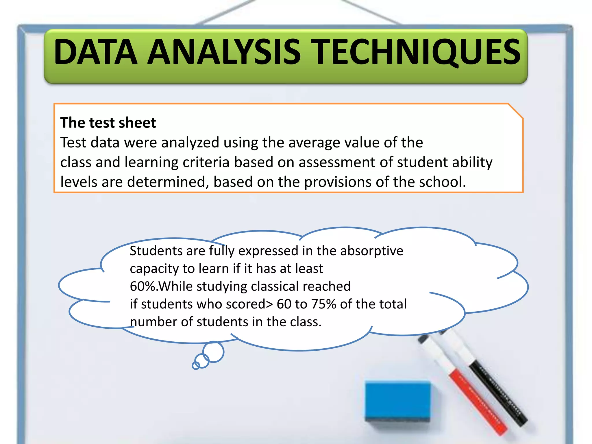 DATA ANALYSIS TECHNIQUES
The test sheet
Test data were analyzed using the average value of the
class and learning criteria based on assessment of student ability
levels are determined, based on the provisions of the school.



          Students are fully expressed in the absorptive
          capacity to learn if it has at least
          60%.While studying classical reached
          if students who scored> 60 to 75% of the total
          number of students in the class.
 