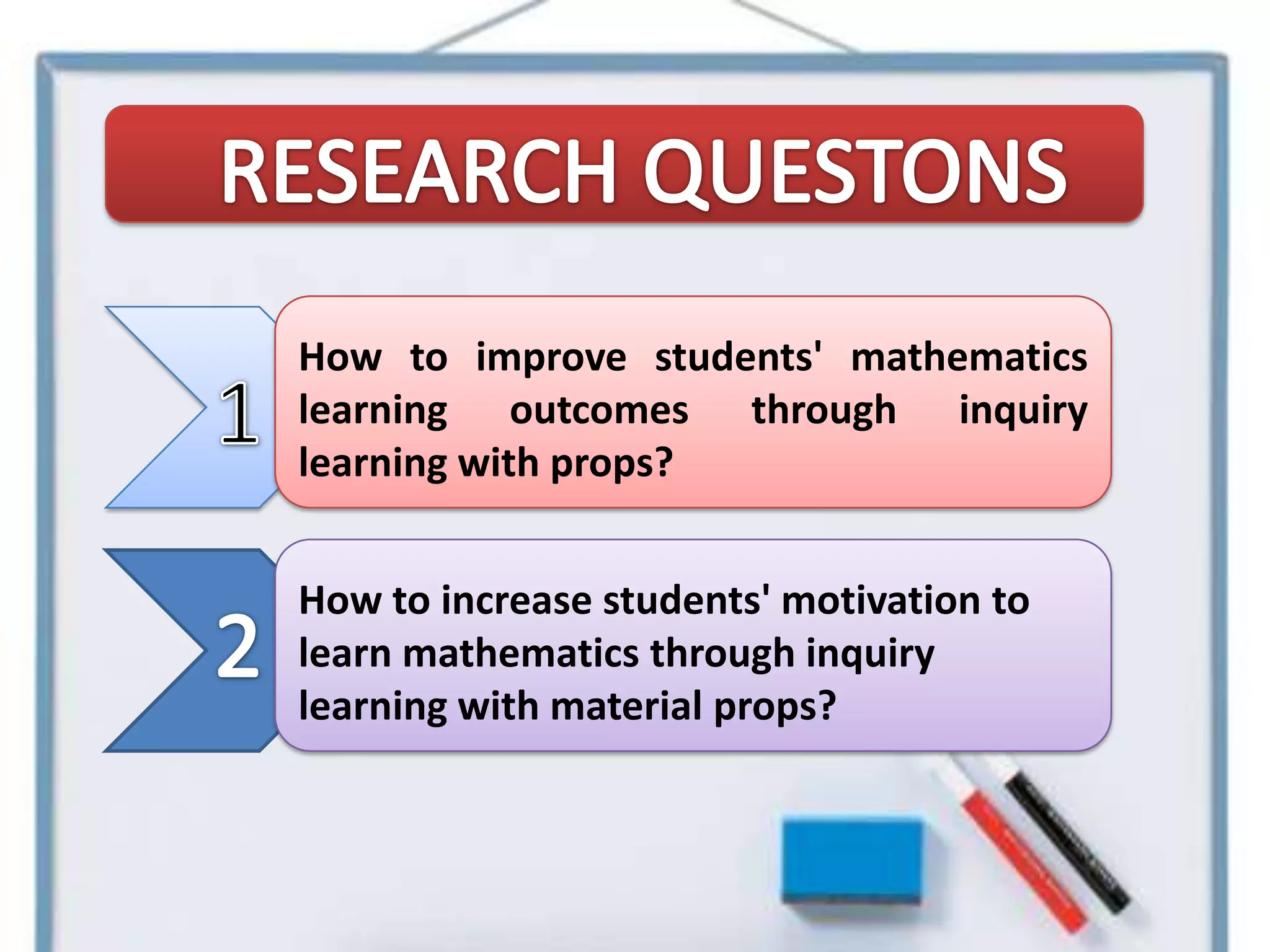 How to improve students' mathematics
learning outcomes through inquiry
learning with props?


How to increase students' motivation to
learn mathematics through inquiry
learning with material props?
 