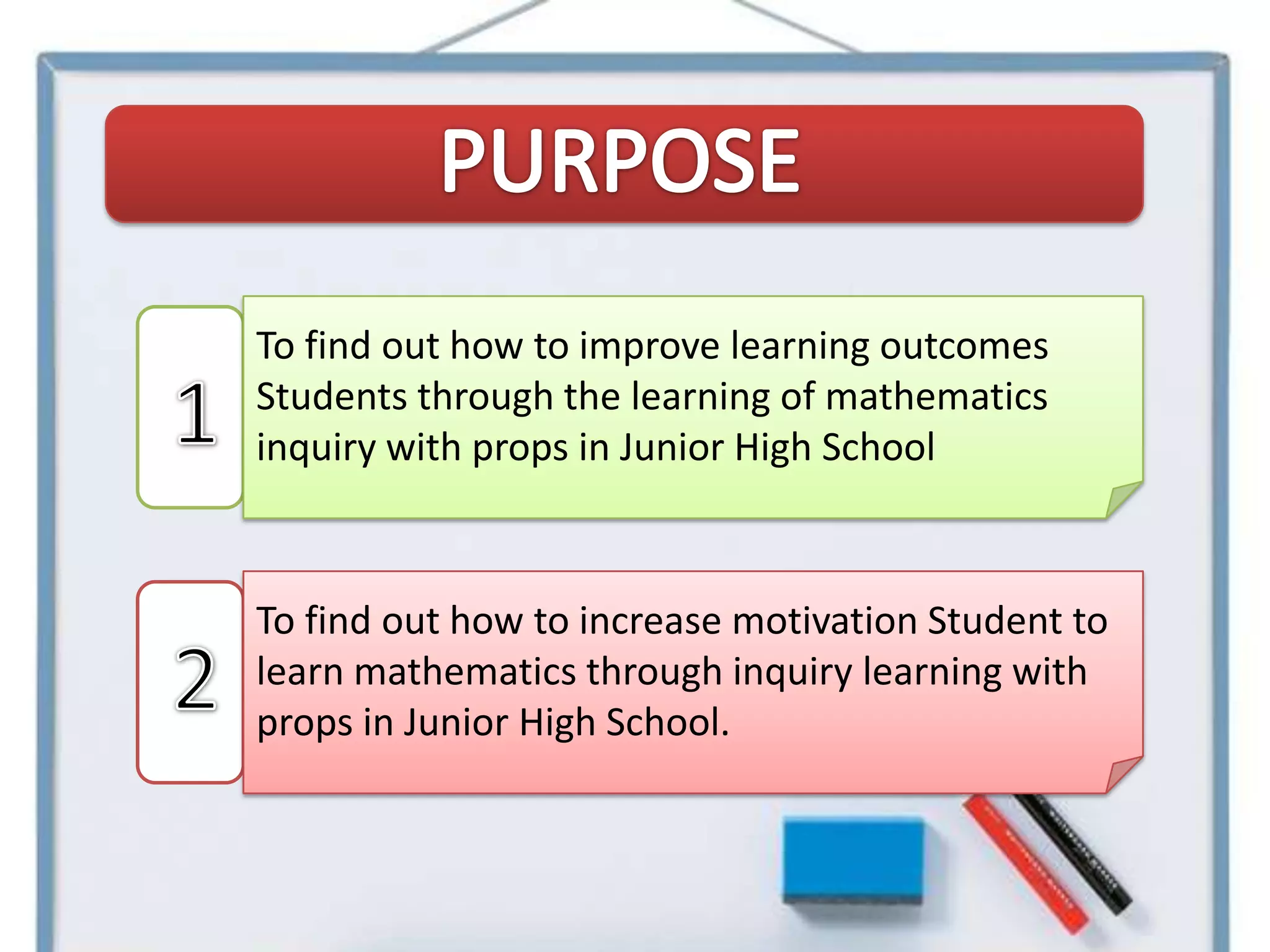 To find out how to improve learning outcomes
Students through the learning of mathematics
inquiry with props in Junior High School



To find out how to increase motivation Student to
learn mathematics through inquiry learning with
props in Junior High School.
 