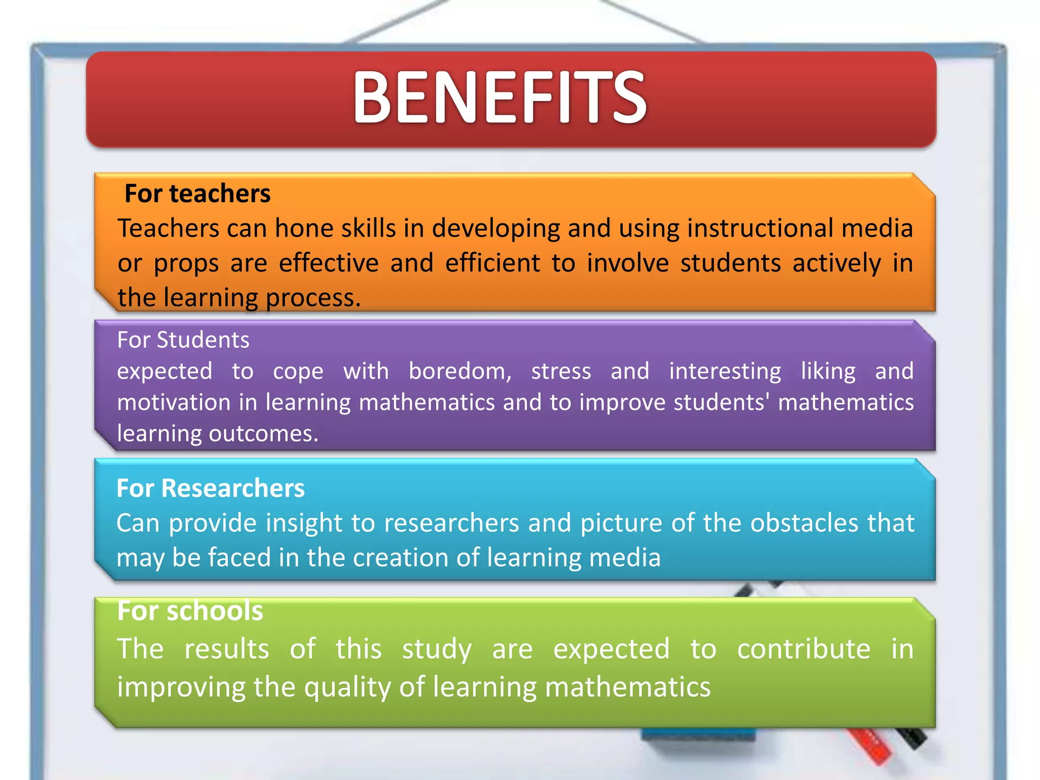 For teachers
Teachers can hone skills in developing and using instructional media
or props are effective and efficient to involve students actively in
the learning process.
For Students
expected to cope with boredom, stress and interesting liking and
motivation in learning mathematics and to improve students' mathematics
learning outcomes.

For Researchers
Can provide insight to researchers and picture of the obstacles that
may be faced in the creation of learning media
For schools
The results of this study are expected to contribute in
improving the quality of learning mathematics
 