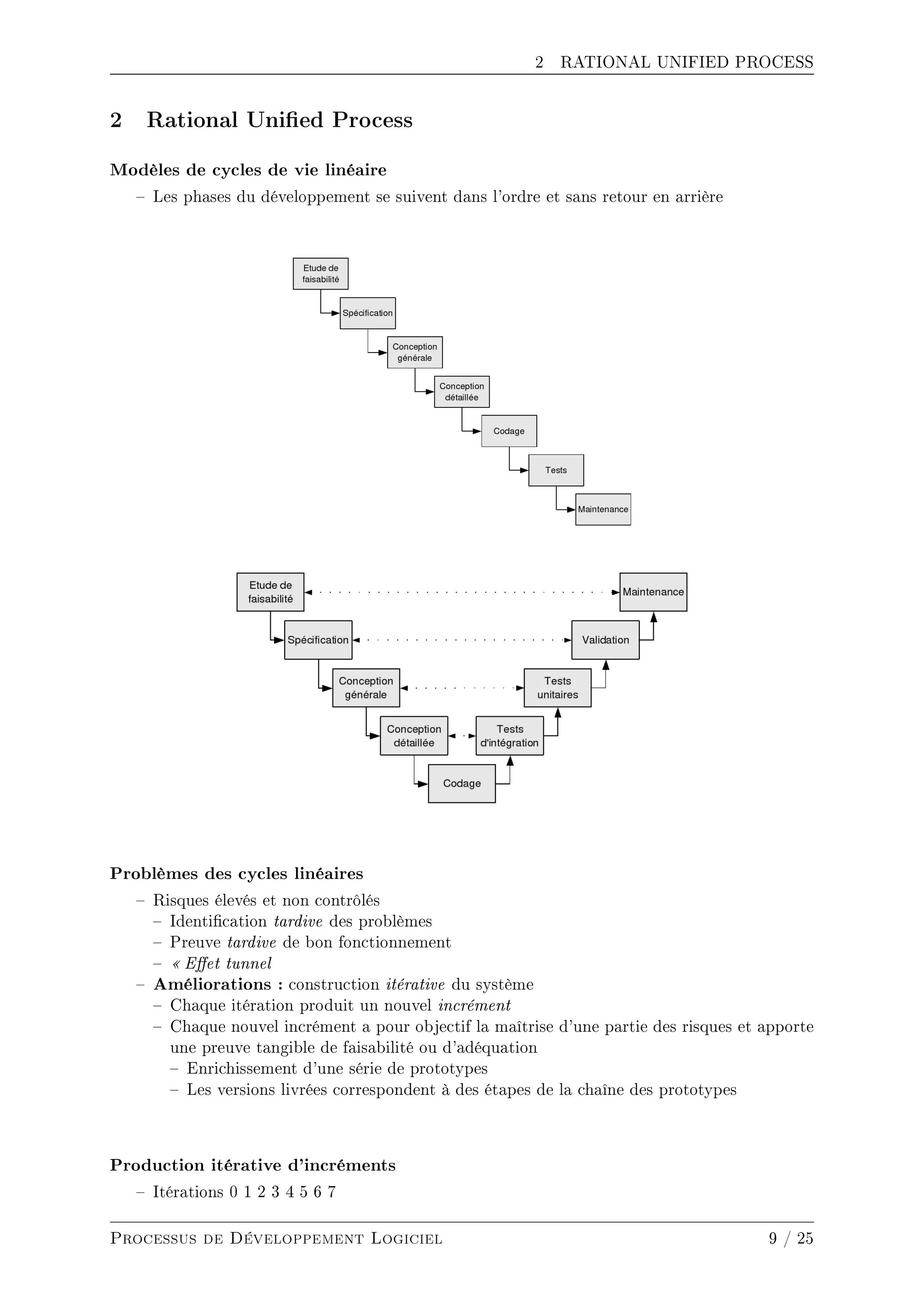 2 RATIONAL UNIFIED PROCESS
2 Rational Unied Process
Modèles de cycles de vie linéaire
 Les phases du développement se suivent dans l'ordre et sans retour en arrière
Problèmes des cycles linéaires
 Risques élevés et non contrôlés
 Identication tardive des problèmes
 Preuve tardive de bon fonctionnement
  Eet tunnel
 Améliorations : construction itérative du système
 Chaque itération produit un nouvel incrément
 Chaque nouvel incrément a pour objectif la maîtrise d'une partie des risques et apporte
une preuve tangible de faisabilité ou d'adéquation
 Enrichissement d'une série de prototypes
 Les versions livrées correspondent à des étapes de la chaîne des prototypes
Production itérative d'incréments
 Itérations 0 1 2 3 4 5 6 7
Processus de Développement Logiciel 9 / 25
 