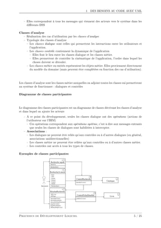 1 DES BESOINS AU CODE AVEC UML
 Elles correspondent à tous les messages qui viennent des acteurs vers le système dans les
diérents DSS
Classes d'analyse
 Réalisation des cas d'utilisation par les classes d'analyse
 Typologie des classes d'analyse
 Les classes dialogue sont celles qui permettent les interactions entre les utilisateurs et
l'application.
 Les classes contrôle contiennent la dynamique de l'application
 Elles font le lien entre les classes dialogue et les classes métier.
 Elles permettent de contrôler la cinématique de l'application, l'ordre dans lequel les
choses doivent se dérouler.
 Les classes métier ou entités représentent les objets métier. Elles proviennent directement
du modèle du domaine (mais peuvent être complétées en fonction des cas d'utilisation).
Les classes d'analyse sont les classes métier auxquelles on adjoint toutes les classes sui permettront
au système de fonctionner : dialogues et contrôles
Diagramme de classes participantes
Le diagramme des classes participantes est un diagramme de classes décrivant les classes d'analyse
et dans lequel on ajoute les acteurs
 A ce point du développement, seules les classes dialogue ont des opérations (actions de
l'utilisateur sur l'IHM)
 Ces opérations correspondent aux opérations système, c'est à dire aux messages entrants
que seules les classes de dialogues sont habilitées à intercepter.
 Associations :
 Les dialogues ne peuvent être reliés qu'aux contrôles ou à d'autres dialogues (en général,
associations unidirectionnelles)
 Les classes métier ne peuvent être reliées qu'aux contrôles ou à d'autres classes métier.
 Les contrôles ont accès à tous les types de classes.
Exemples de classes participantes
Processus de Développement Logiciel 5 / 25
 