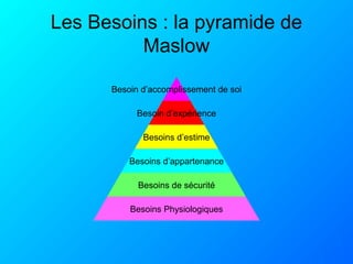 Les Besoins : la pyramide de
Maslow
Besoin d’accomplissement de soi
Besoin d’expérience
Besoins d’estime
Besoins d’appartenance
Besoins de sécurité
Besoins Physiologiques
 