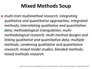 Mixed Methods Soup
 multi-trait-multimethod research; integrating
qualitative and quantitative approaches; integrated
methods; interrelating qualitative and quantitative
data; methodological triangulation; multi-
methodological research; multi-method designs and
linking qualitative and quantitative data; multiple
methods; combining qualitative and quantitative
research; mixed model studies; blended methods;
mixed methods research.
Ridde V. A case study on methodological pluralism in public health research in Africa. Research and Reports in Tropical Medicine. 2010.
 