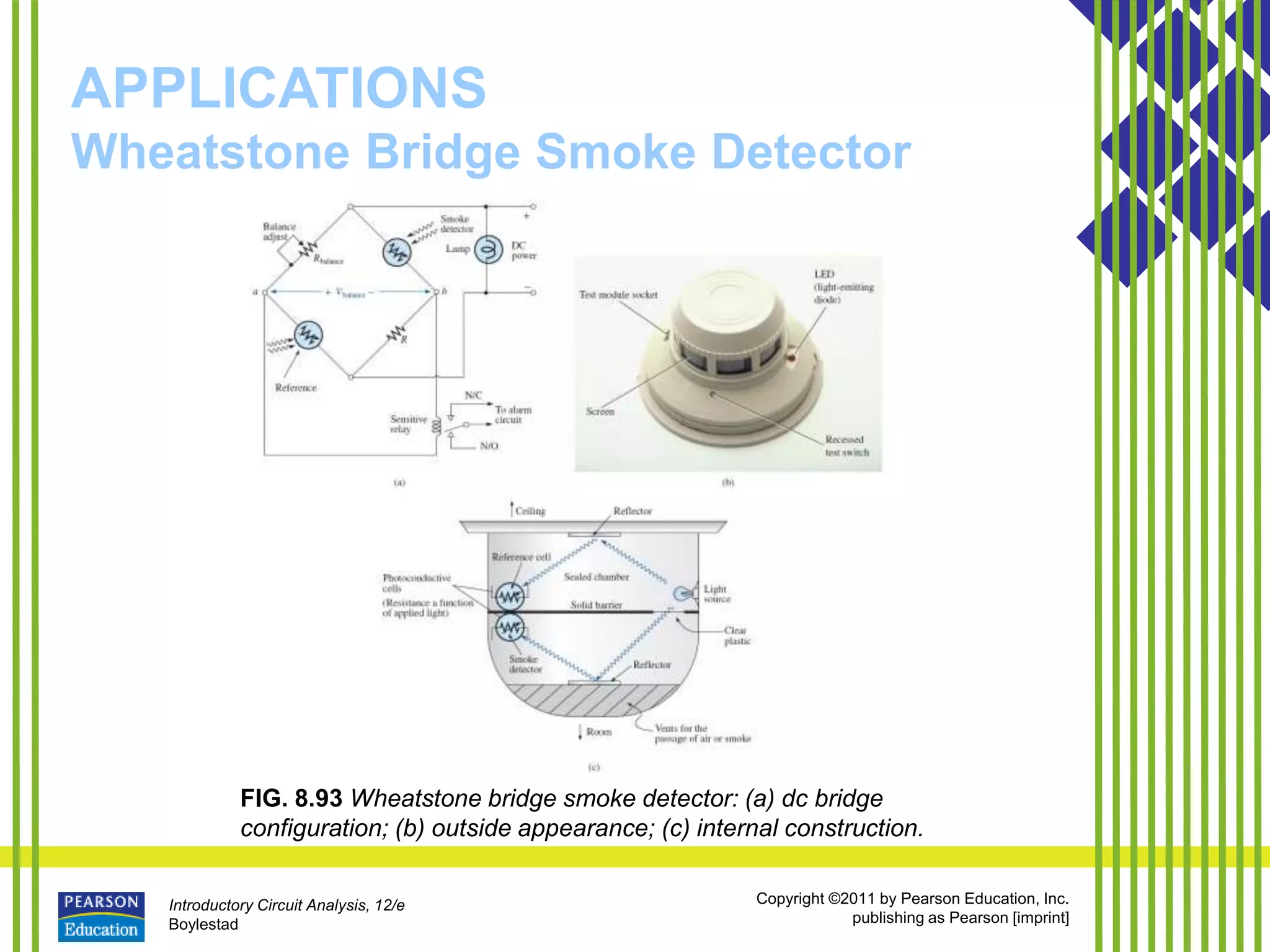 Introductory Circuit Analysis, 12/e
Boylestad
Copyright ©2011 by Pearson Education, Inc.
publishing as Pearson [imprint]
APPLICATIONS
Wheatstone Bridge Smoke Detector
FIG. 8.93 Wheatstone bridge smoke detector: (a) dc bridge
configuration; (b) outside appearance; (c) internal construction.
 