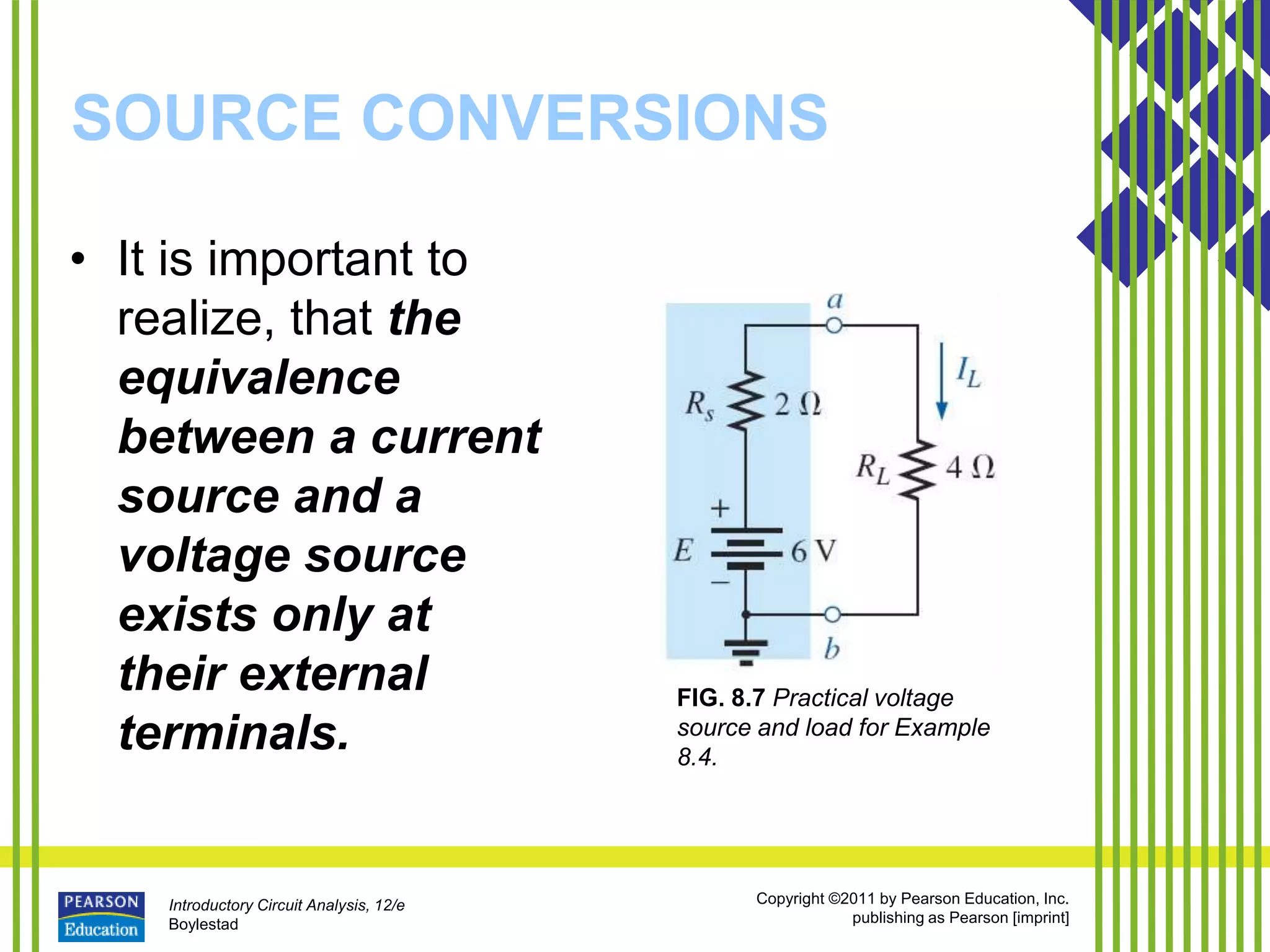 Introductory Circuit Analysis, 12/e
Boylestad
Copyright ©2011 by Pearson Education, Inc.
publishing as Pearson [imprint]
SOURCE CONVERSIONS
• It is important to
realize, that the
equivalence
between a current
source and a
voltage source
exists only at
their external
terminals.
FIG. 8.7 Practical voltage
source and load for Example
8.4.
 