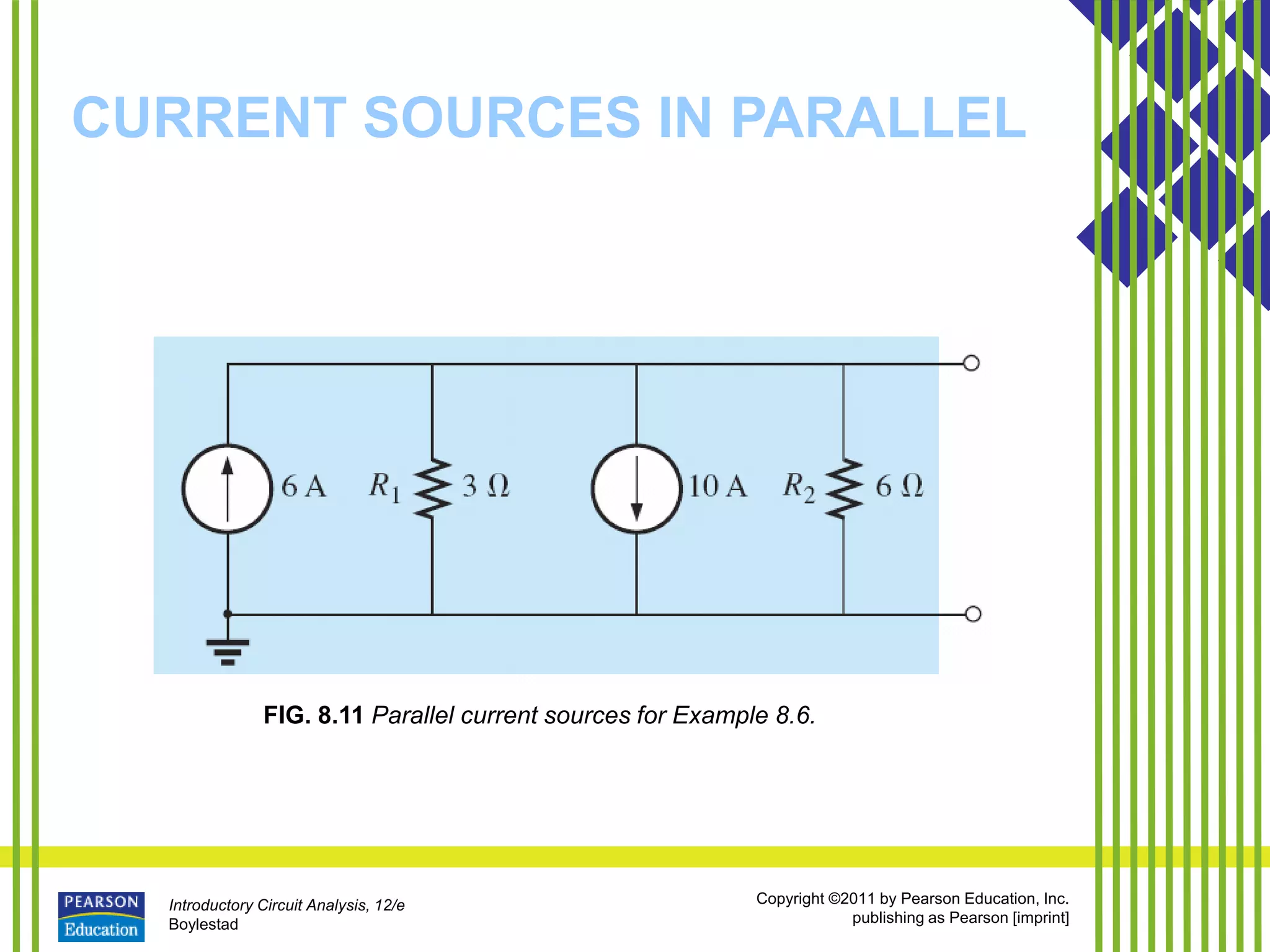 Introductory Circuit Analysis, 12/e
Boylestad
Copyright ©2011 by Pearson Education, Inc.
publishing as Pearson [imprint]
CURRENT SOURCES IN PARALLEL
FIG. 8.11 Parallel current sources for Example 8.6.
 