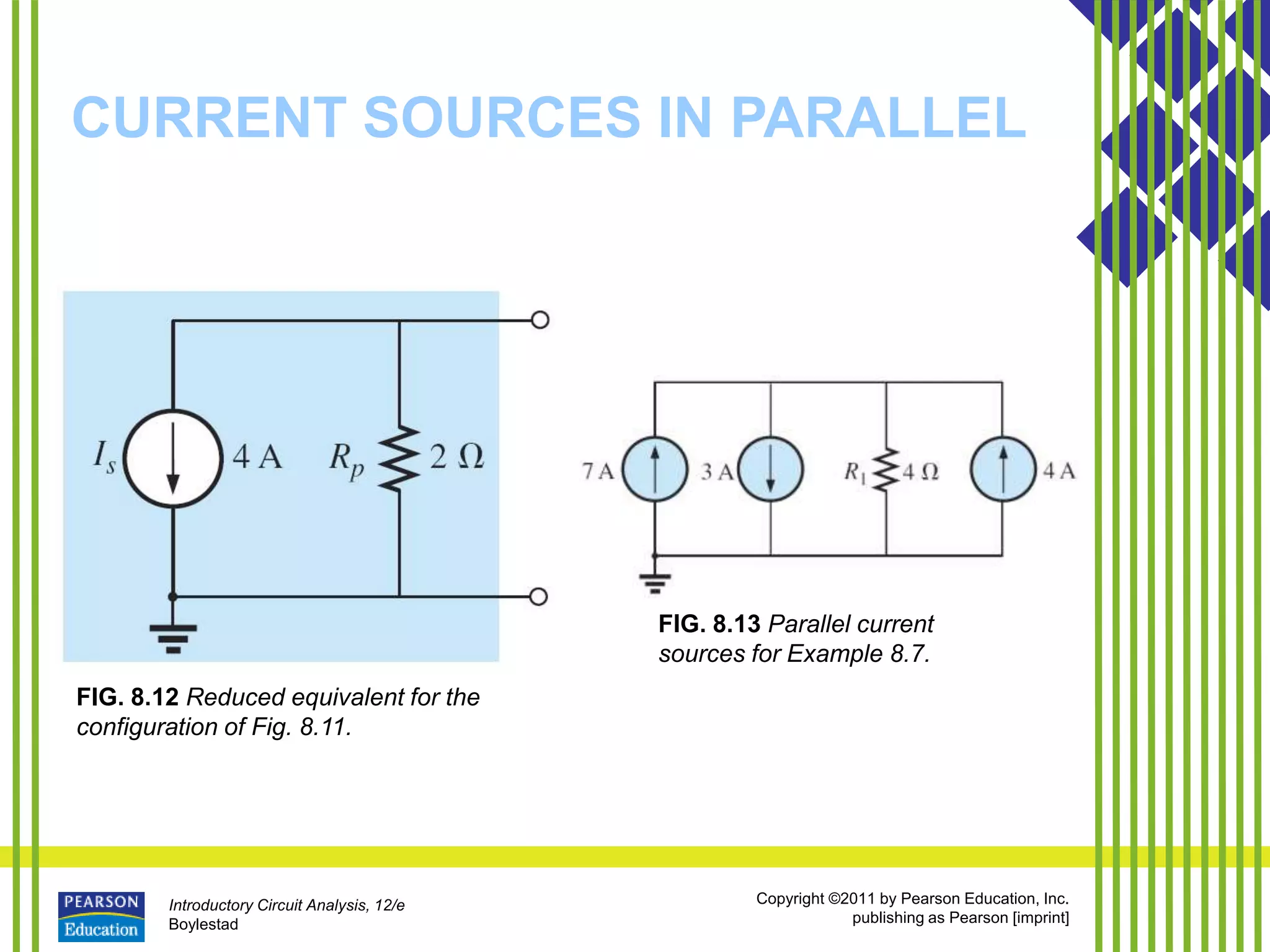 Introductory Circuit Analysis, 12/e
Boylestad
Copyright ©2011 by Pearson Education, Inc.
publishing as Pearson [imprint]
CURRENT SOURCES IN PARALLEL
FIG. 8.12 Reduced equivalent for the
configuration of Fig. 8.11.
FIG. 8.13 Parallel current
sources for Example 8.7.
 