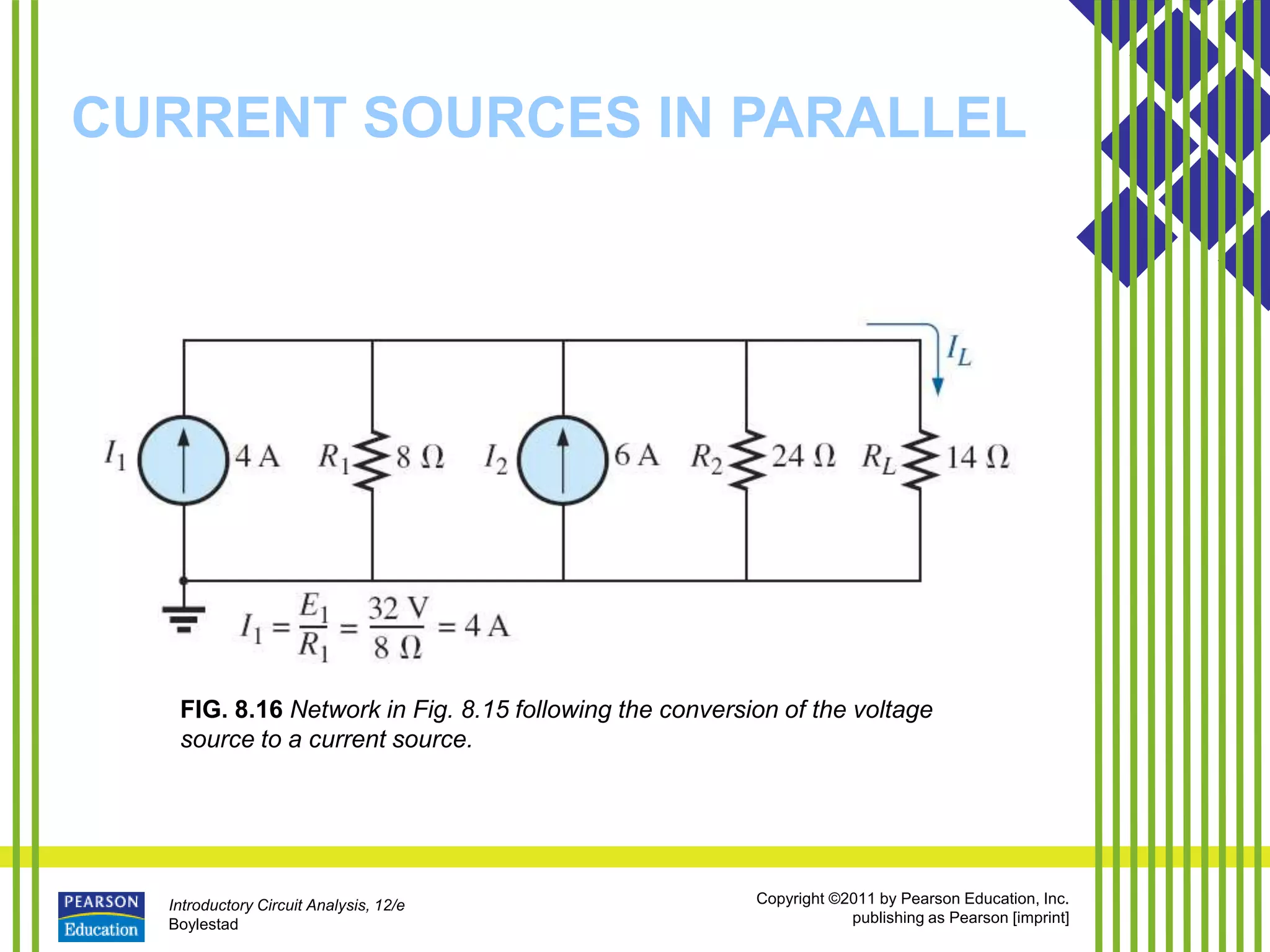 Introductory Circuit Analysis, 12/e
Boylestad
Copyright ©2011 by Pearson Education, Inc.
publishing as Pearson [imprint]
CURRENT SOURCES IN PARALLEL
FIG. 8.16 Network in Fig. 8.15 following the conversion of the voltage
source to a current source.
 