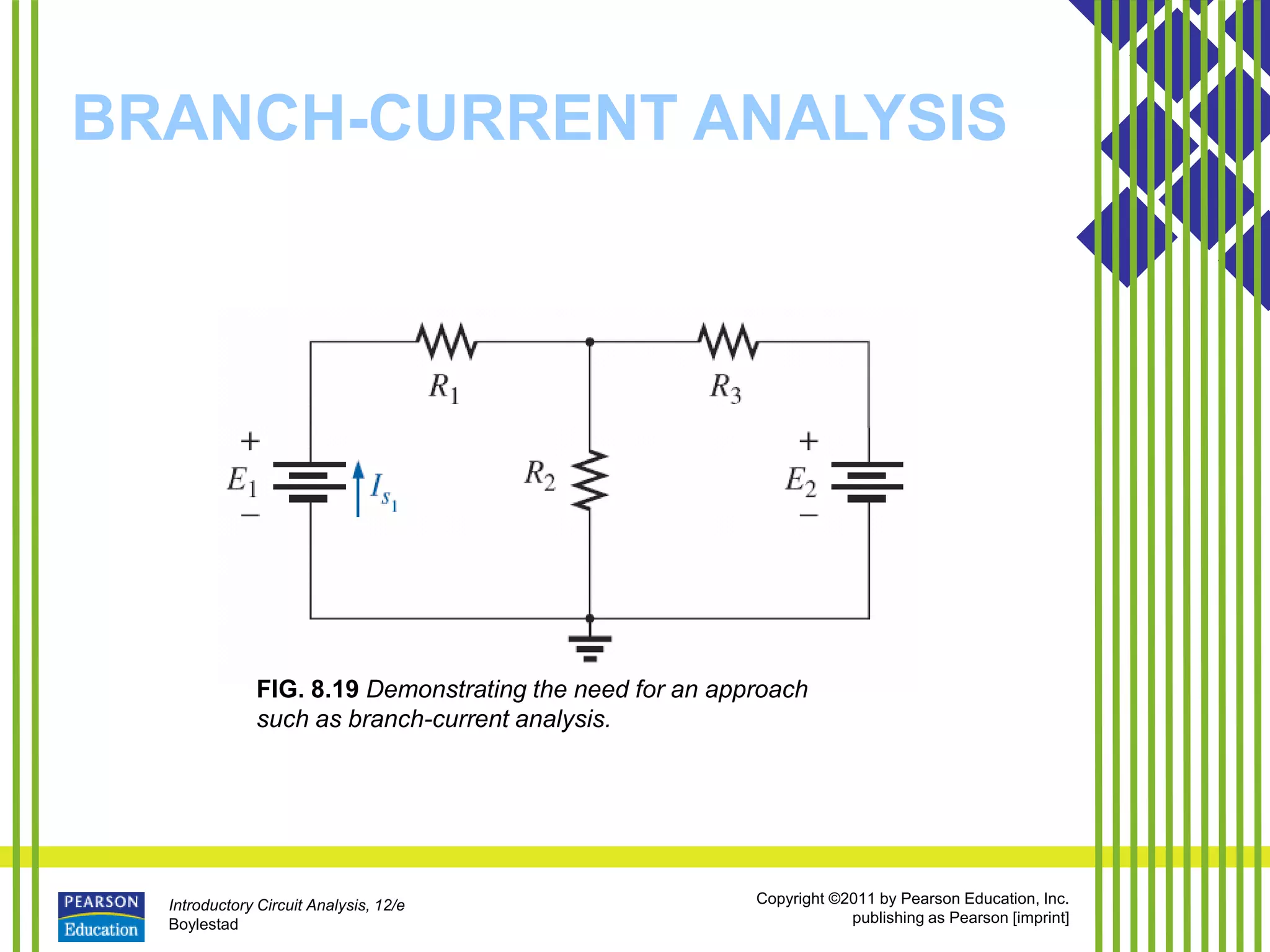 Introductory Circuit Analysis, 12/e
Boylestad
Copyright ©2011 by Pearson Education, Inc.
publishing as Pearson [imprint]
BRANCH-CURRENT ANALYSIS
FIG. 8.19 Demonstrating the need for an approach
such as branch-current analysis.
 
