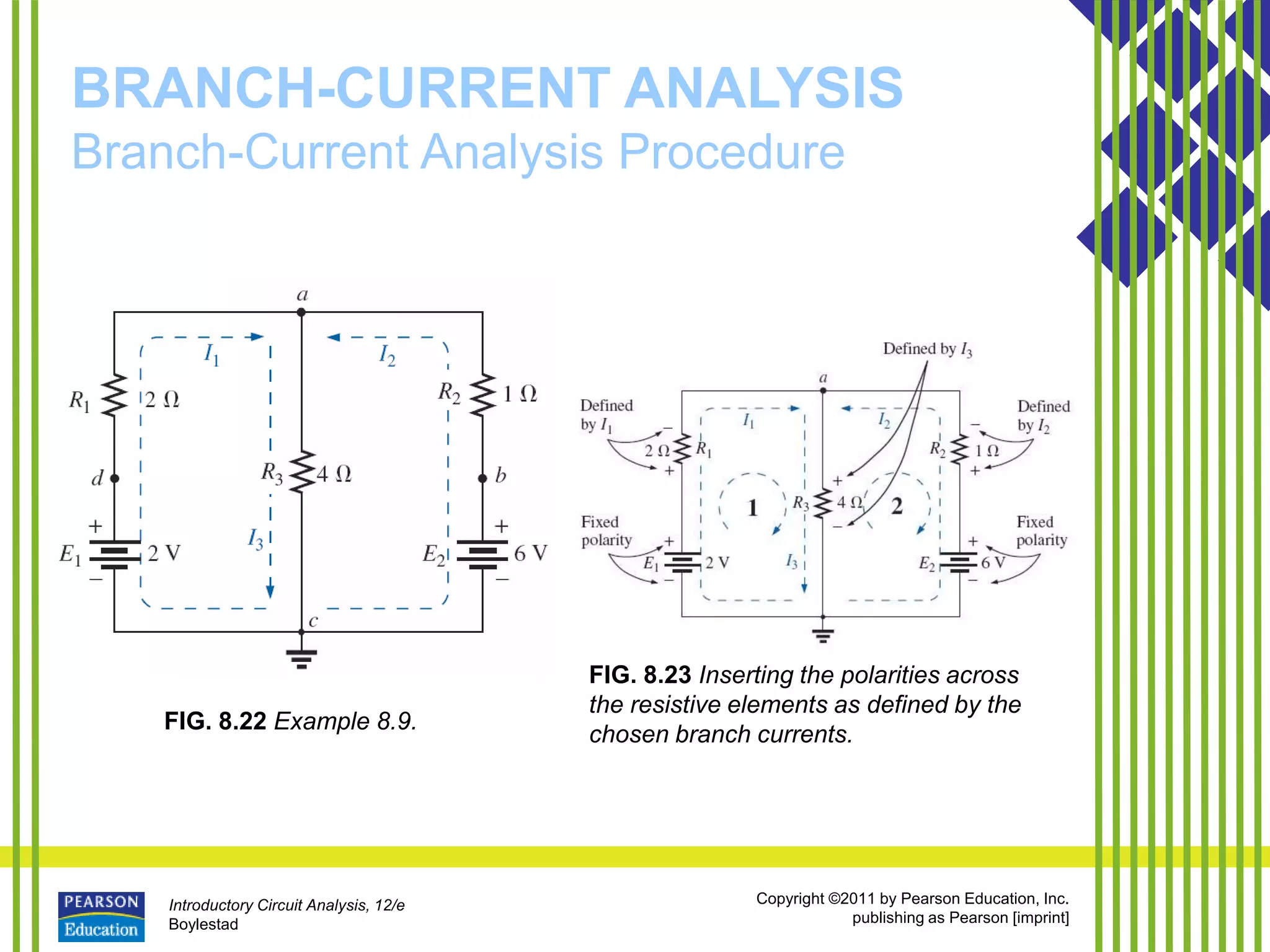 Introductory Circuit Analysis, 12/e
Boylestad
Copyright ©2011 by Pearson Education, Inc.
publishing as Pearson [imprint]
BRANCH-CURRENT ANALYSIS
Branch-Current Analysis Procedure
FIG. 8.22 Example 8.9.
FIG. 8.23 Inserting the polarities across
the resistive elements as defined by the
chosen branch currents.
 