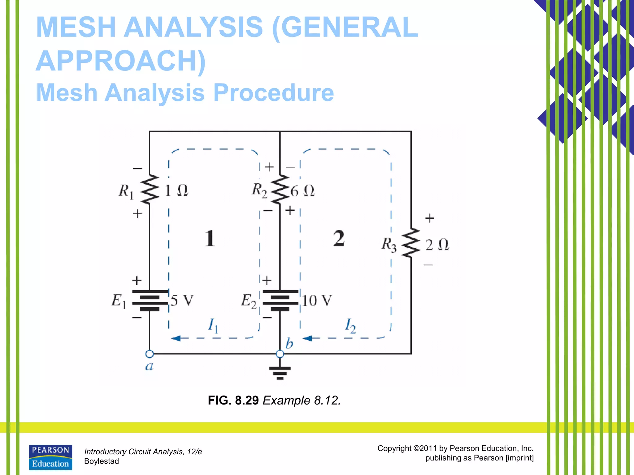 Introductory Circuit Analysis, 12/e
Boylestad
Copyright ©2011 by Pearson Education, Inc.
publishing as Pearson [imprint]
MESH ANALYSIS (GENERAL
APPROACH)
Mesh Analysis Procedure
FIG. 8.29 Example 8.12.
 