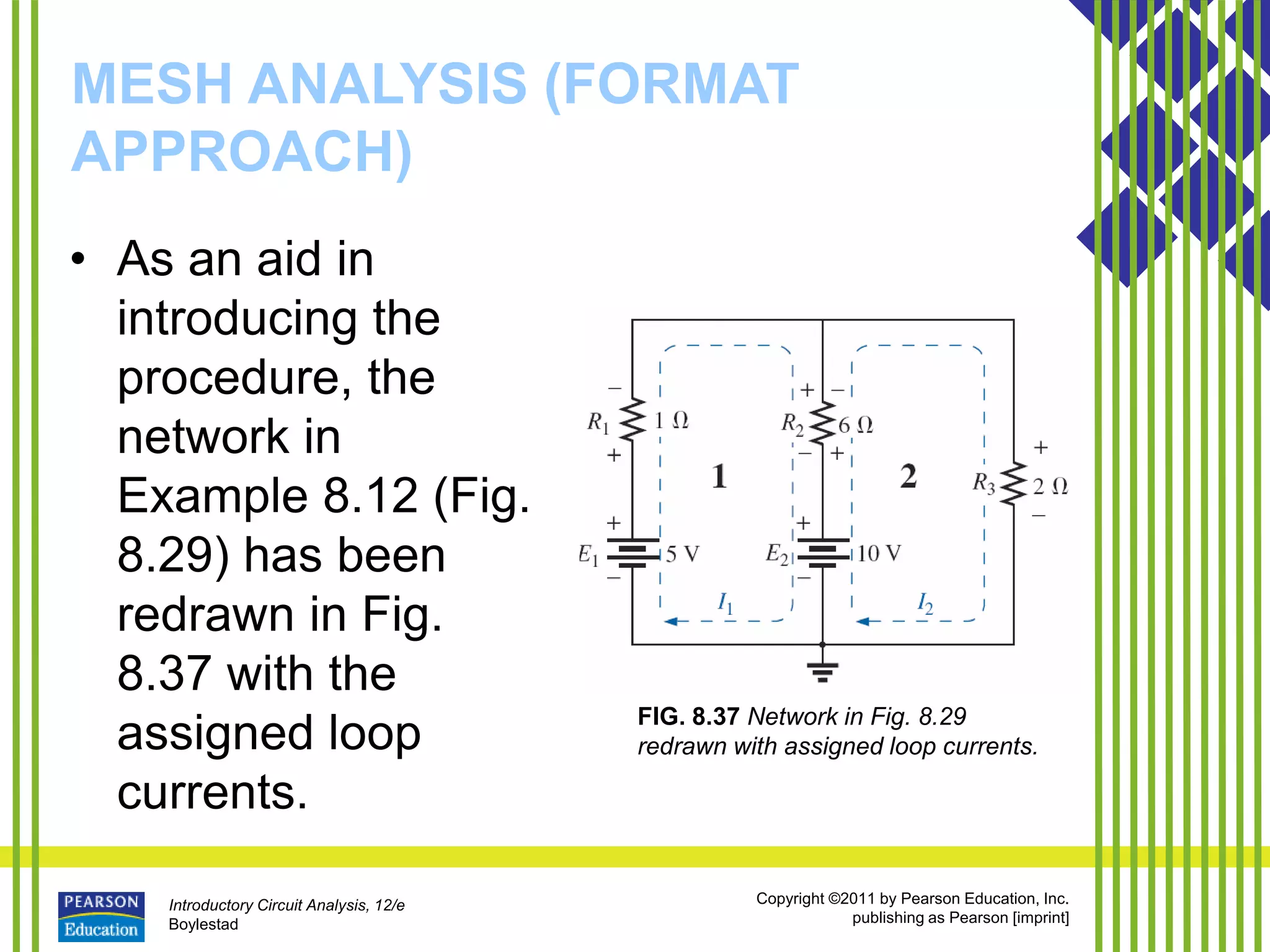 Introductory Circuit Analysis, 12/e
Boylestad
Copyright ©2011 by Pearson Education, Inc.
publishing as Pearson [imprint]
MESH ANALYSIS (FORMAT
APPROACH)
• As an aid in
introducing the
procedure, the
network in
Example 8.12 (Fig.
8.29) has been
redrawn in Fig.
8.37 with the
assigned loop
currents.
FIG. 8.37 Network in Fig. 8.29
redrawn with assigned loop currents.
 