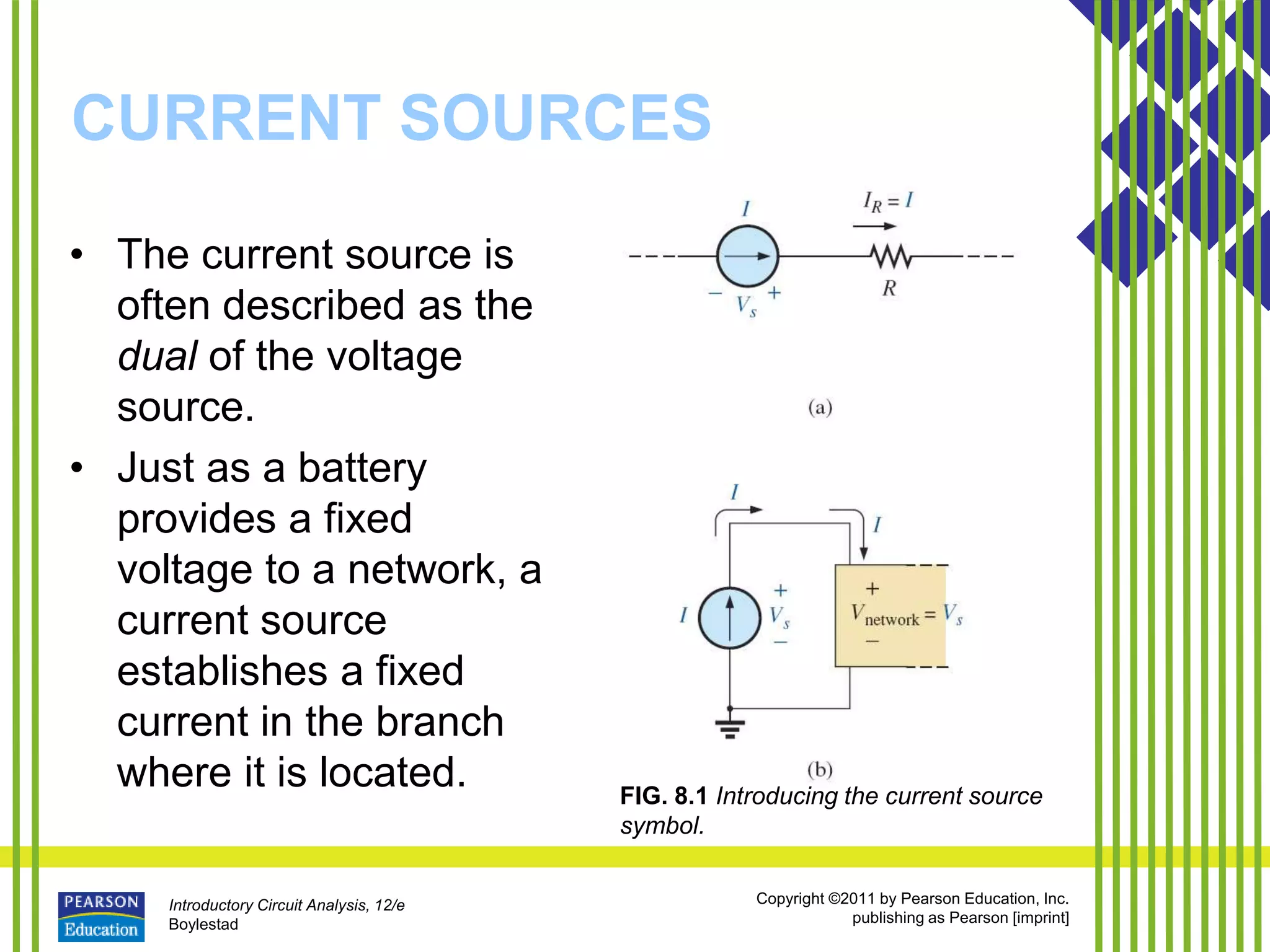 Introductory Circuit Analysis, 12/e
Boylestad
Copyright ©2011 by Pearson Education, Inc.
publishing as Pearson [imprint]
CURRENT SOURCES
• The current source is
often described as the
dual of the voltage
source.
• Just as a battery
provides a fixed
voltage to a network, a
current source
establishes a fixed
current in the branch
where it is located. FIG. 8.1 Introducing the current source
symbol.
 
