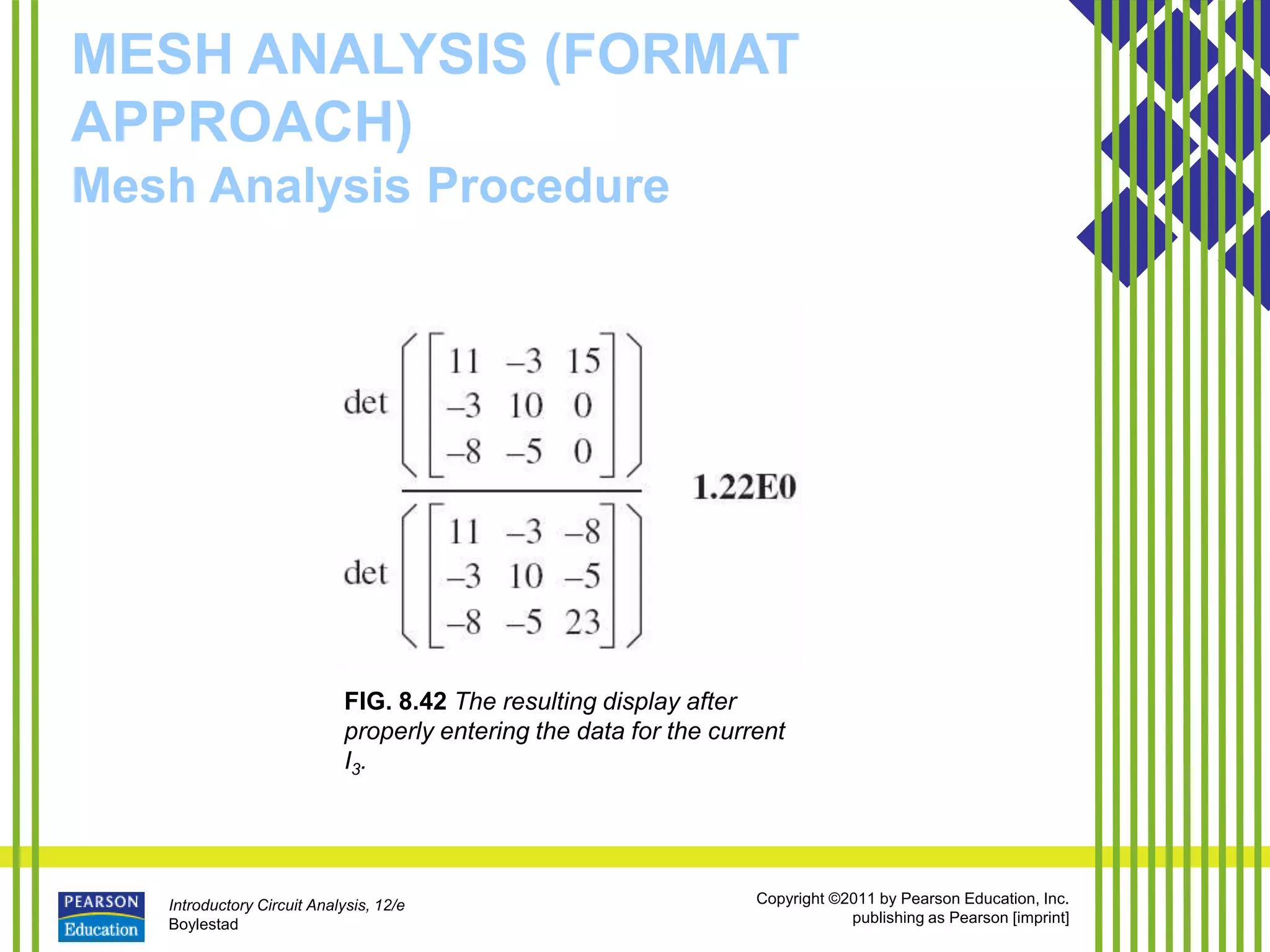 Introductory Circuit Analysis, 12/e
Boylestad
Copyright ©2011 by Pearson Education, Inc.
publishing as Pearson [imprint]
MESH ANALYSIS (FORMAT
APPROACH)
Mesh Analysis Procedure
FIG. 8.42 The resulting display after
properly entering the data for the current
I3.
 