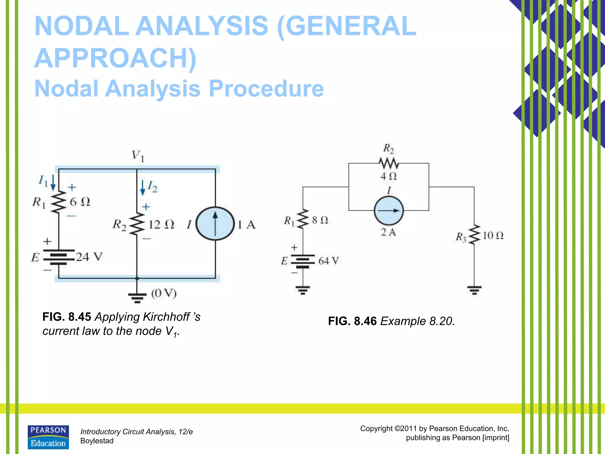 Introductory Circuit Analysis, 12/e
Boylestad
Copyright ©2011 by Pearson Education, Inc.
publishing as Pearson [imprint]
NODAL ANALYSIS (GENERAL
APPROACH)
Nodal Analysis Procedure
FIG. 8.45 Applying Kirchhoff ’s
current law to the node V1.
FIG. 8.46 Example 8.20.
 