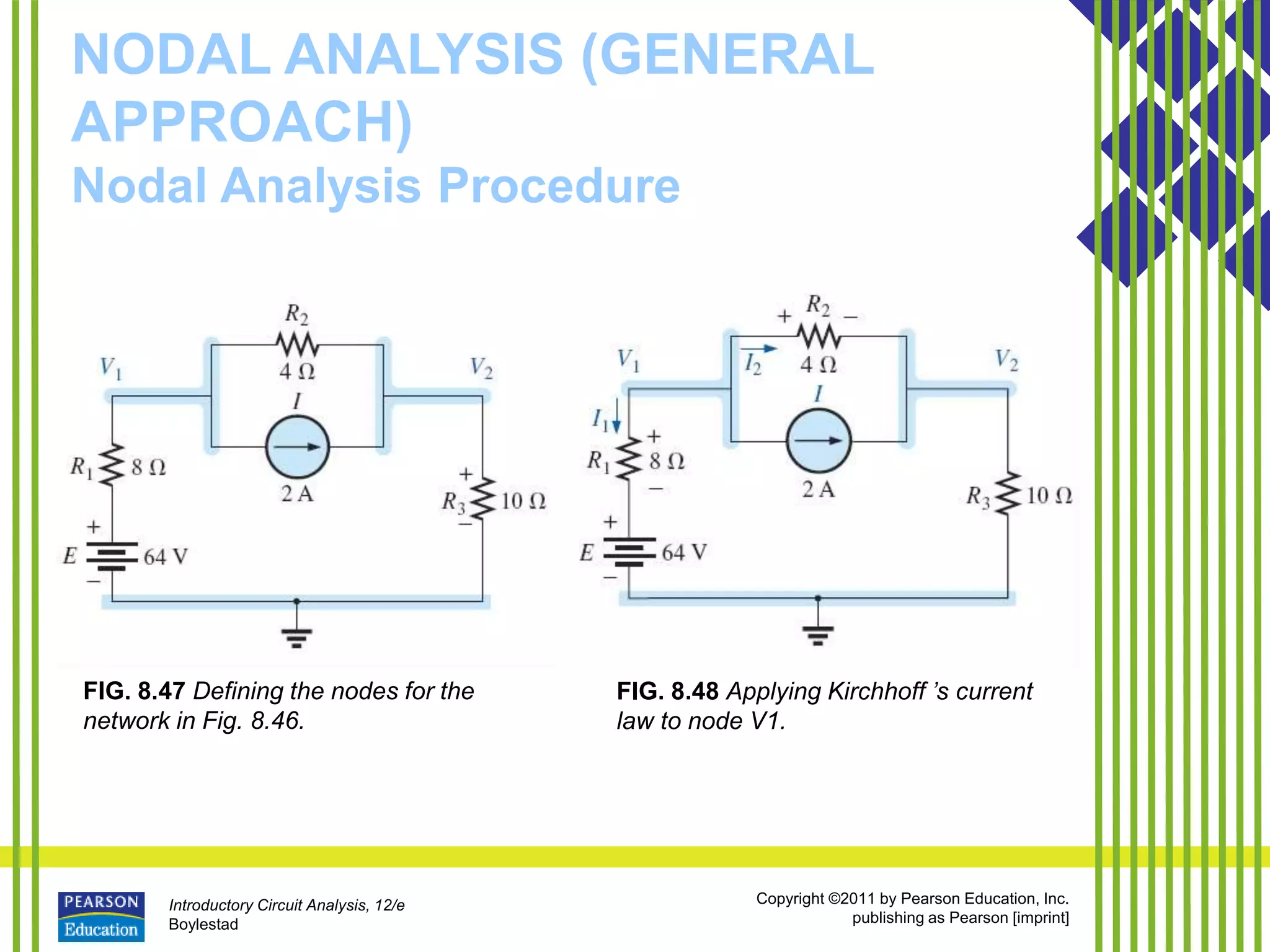 Introductory Circuit Analysis, 12/e
Boylestad
Copyright ©2011 by Pearson Education, Inc.
publishing as Pearson [imprint]
NODAL ANALYSIS (GENERAL
APPROACH)
Nodal Analysis Procedure
FIG. 8.47 Defining the nodes for the
network in Fig. 8.46.
FIG. 8.48 Applying Kirchhoff ’s current
law to node V1.
 