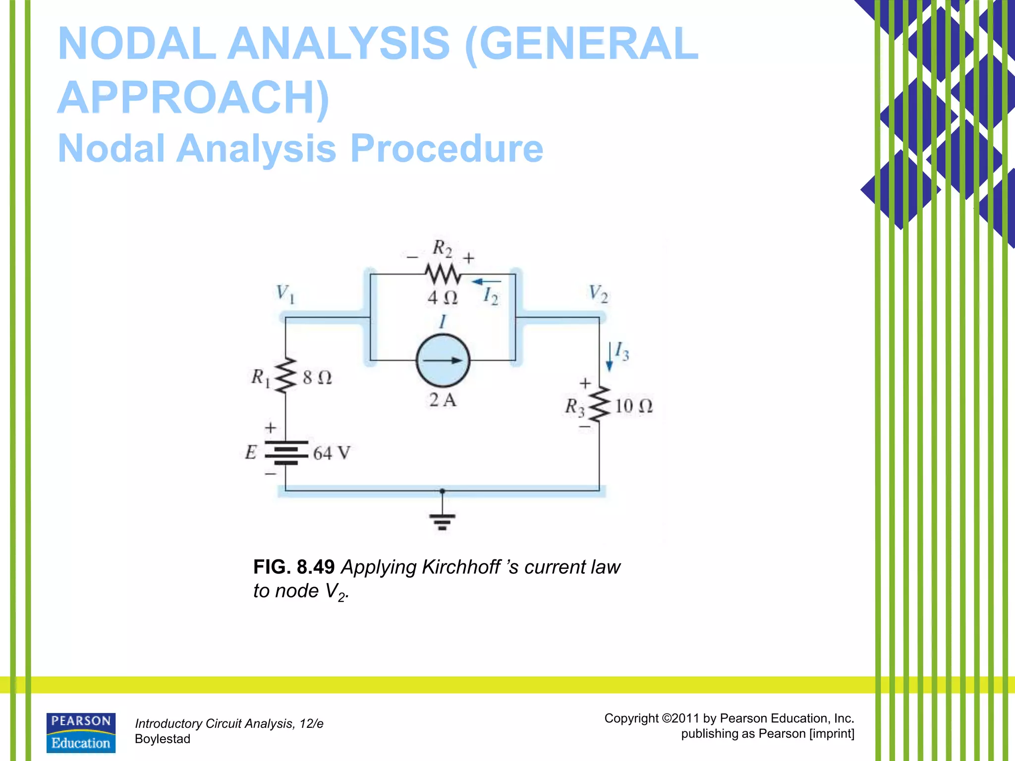 Introductory Circuit Analysis, 12/e
Boylestad
Copyright ©2011 by Pearson Education, Inc.
publishing as Pearson [imprint]
NODAL ANALYSIS (GENERAL
APPROACH)
Nodal Analysis Procedure
FIG. 8.49 Applying Kirchhoff ’s current law
to node V2.
 