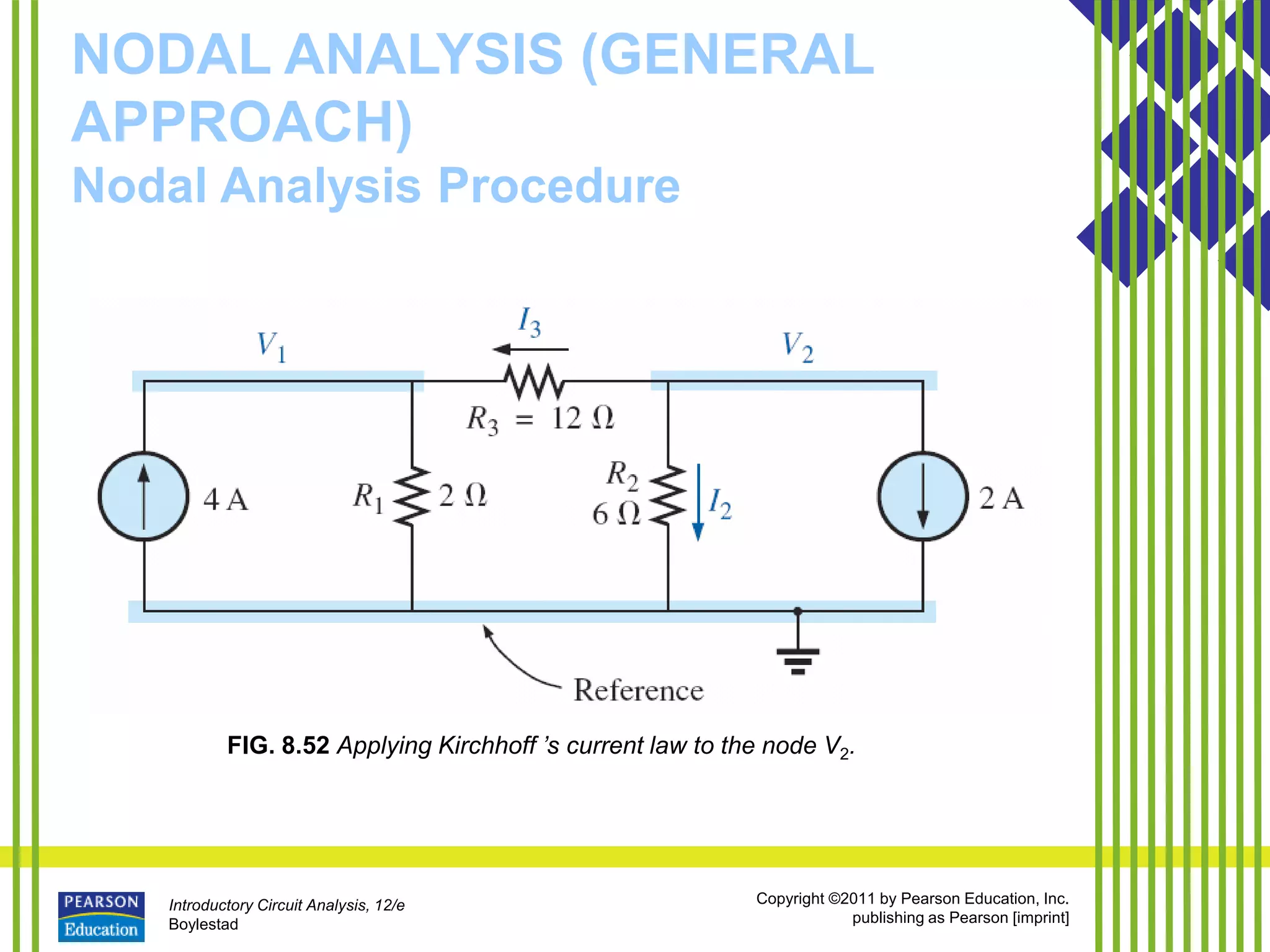 Introductory Circuit Analysis, 12/e
Boylestad
Copyright ©2011 by Pearson Education, Inc.
publishing as Pearson [imprint]
NODAL ANALYSIS (GENERAL
APPROACH)
Nodal Analysis Procedure
FIG. 8.52 Applying Kirchhoff ’s current law to the node V2.
 