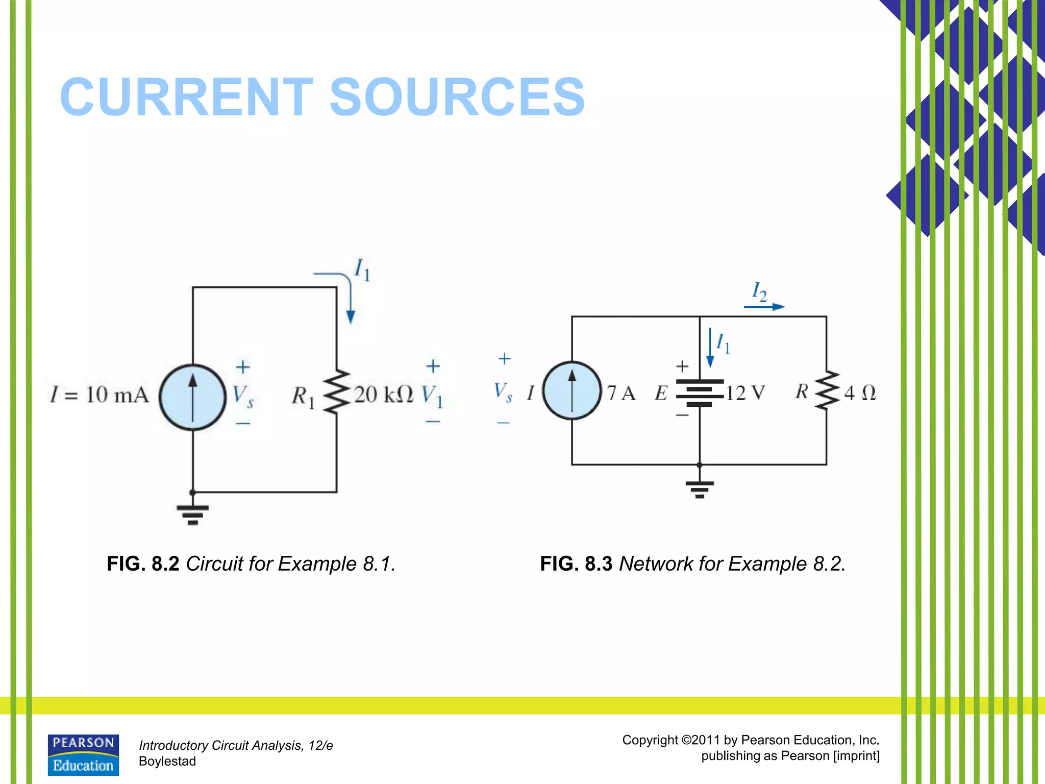 Introductory Circuit Analysis, 12/e
Boylestad
Copyright ©2011 by Pearson Education, Inc.
publishing as Pearson [imprint]
CURRENT SOURCES
FIG. 8.2 Circuit for Example 8.1. FIG. 8.3 Network for Example 8.2.
 