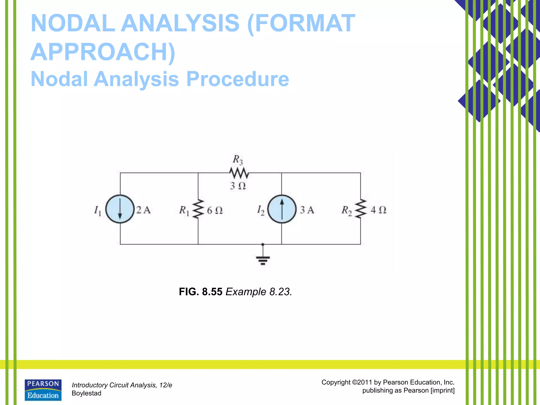 Introductory Circuit Analysis, 12/e
Boylestad
Copyright ©2011 by Pearson Education, Inc.
publishing as Pearson [imprint]
NODAL ANALYSIS (FORMAT
APPROACH)
Nodal Analysis Procedure
FIG. 8.55 Example 8.23.
 