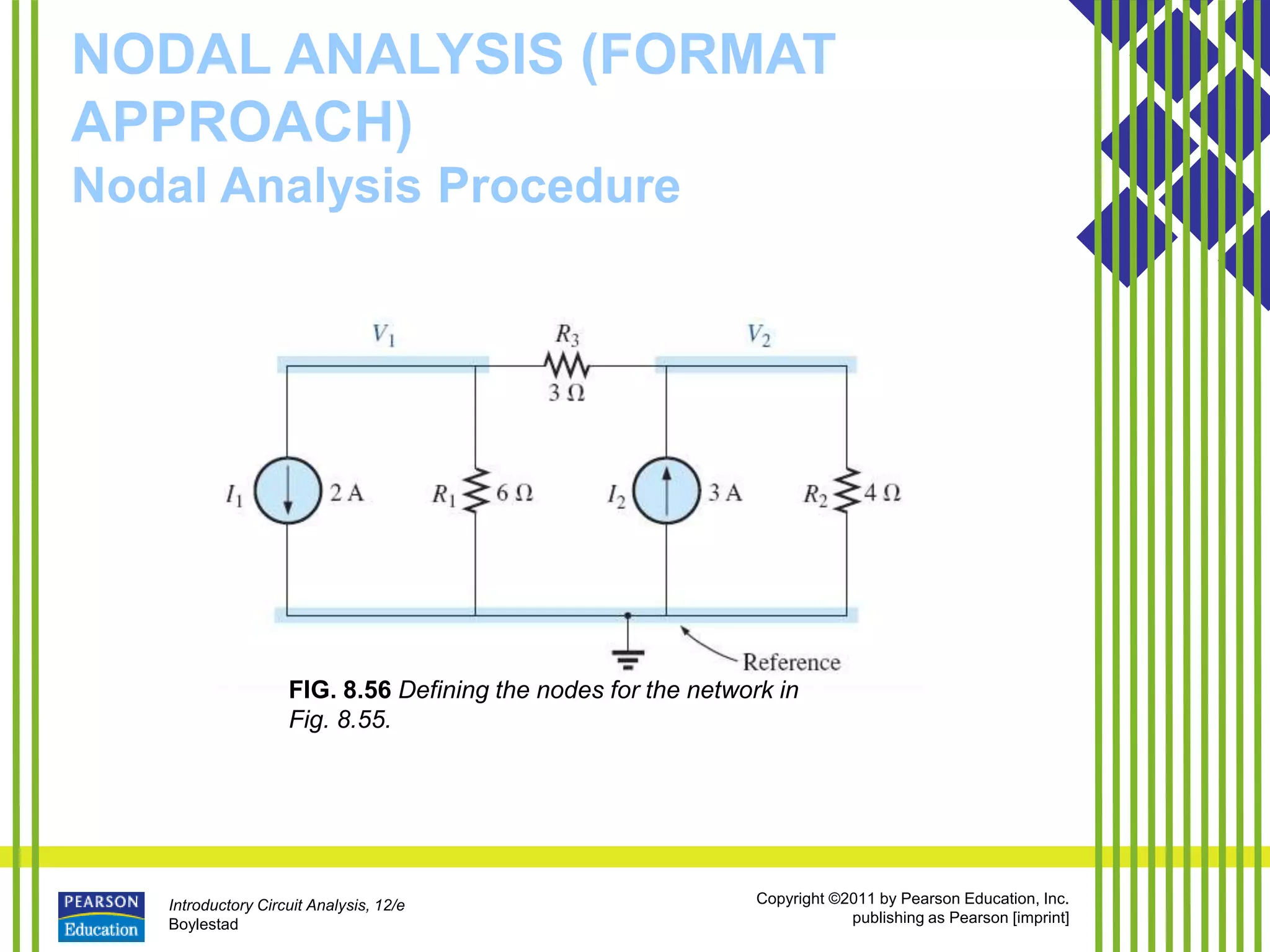 Introductory Circuit Analysis, 12/e
Boylestad
Copyright ©2011 by Pearson Education, Inc.
publishing as Pearson [imprint]
NODAL ANALYSIS (FORMAT
APPROACH)
Nodal Analysis Procedure
FIG. 8.56 Defining the nodes for the network in
Fig. 8.55.
 