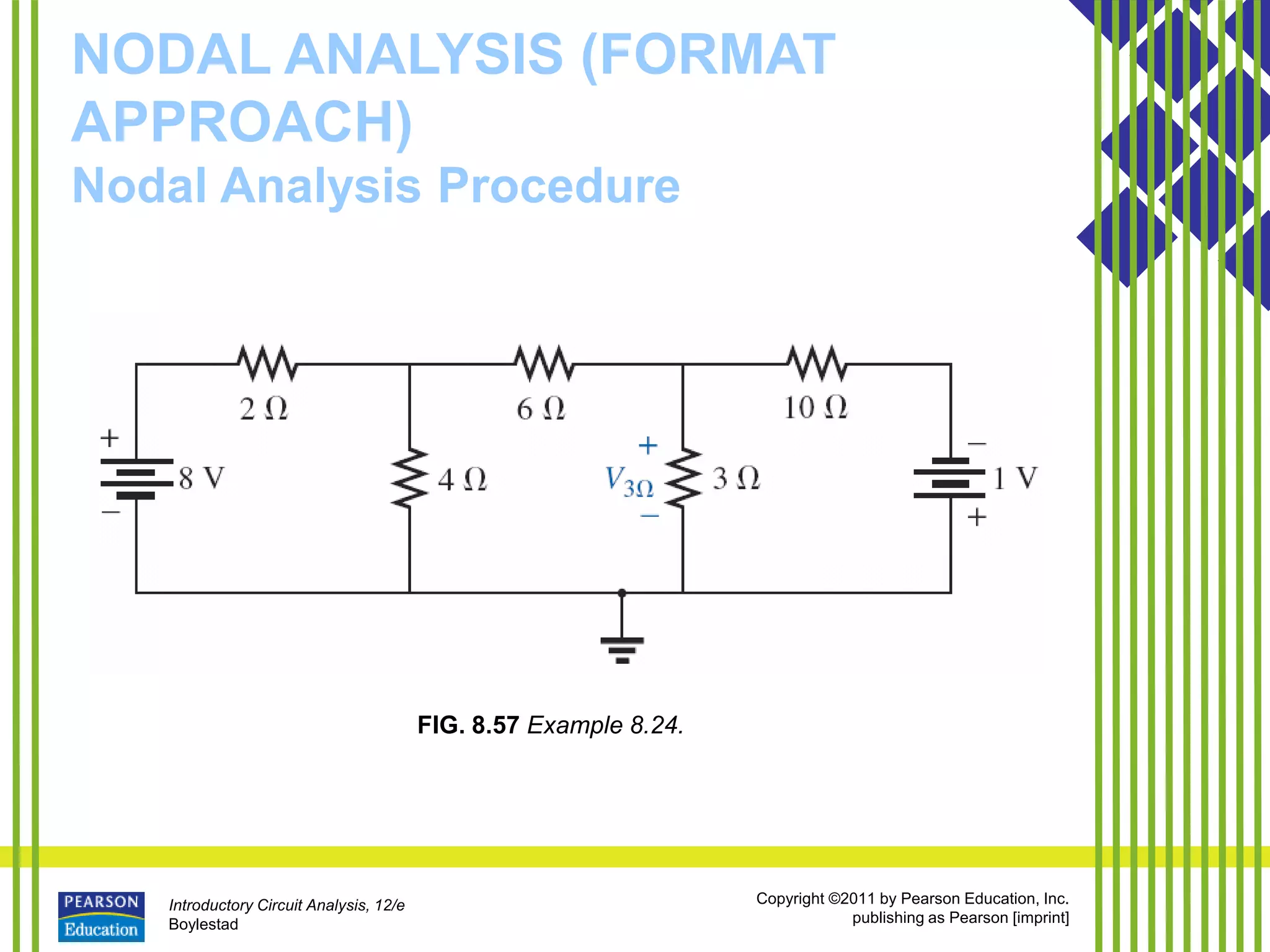 Introductory Circuit Analysis, 12/e
Boylestad
Copyright ©2011 by Pearson Education, Inc.
publishing as Pearson [imprint]
NODAL ANALYSIS (FORMAT
APPROACH)
Nodal Analysis Procedure
FIG. 8.57 Example 8.24.
 