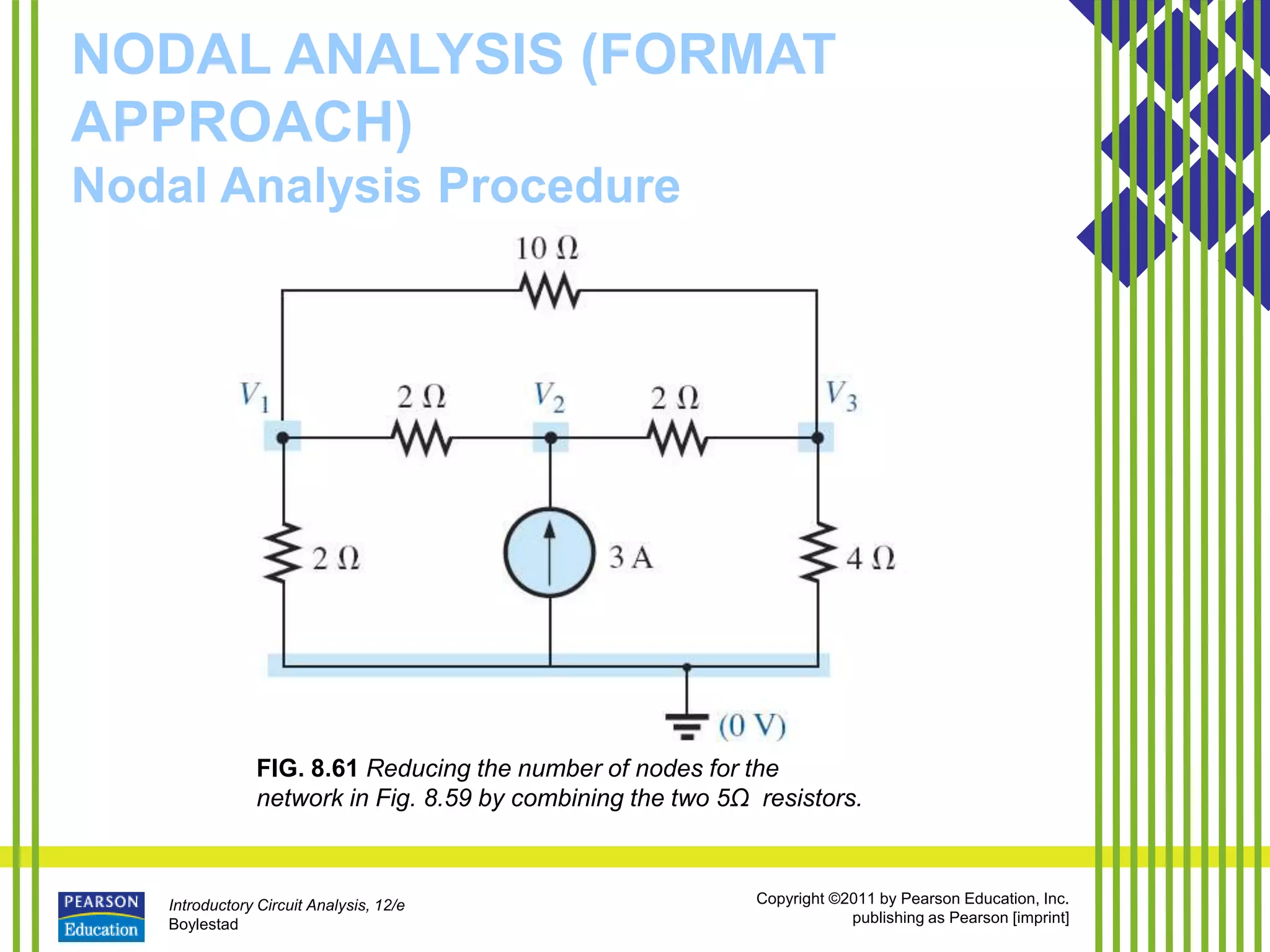 Introductory Circuit Analysis, 12/e
Boylestad
Copyright ©2011 by Pearson Education, Inc.
publishing as Pearson [imprint]
NODAL ANALYSIS (FORMAT
APPROACH)
Nodal Analysis Procedure
FIG. 8.61 Reducing the number of nodes for the
network in Fig. 8.59 by combining the two 5Ω resistors.
 
