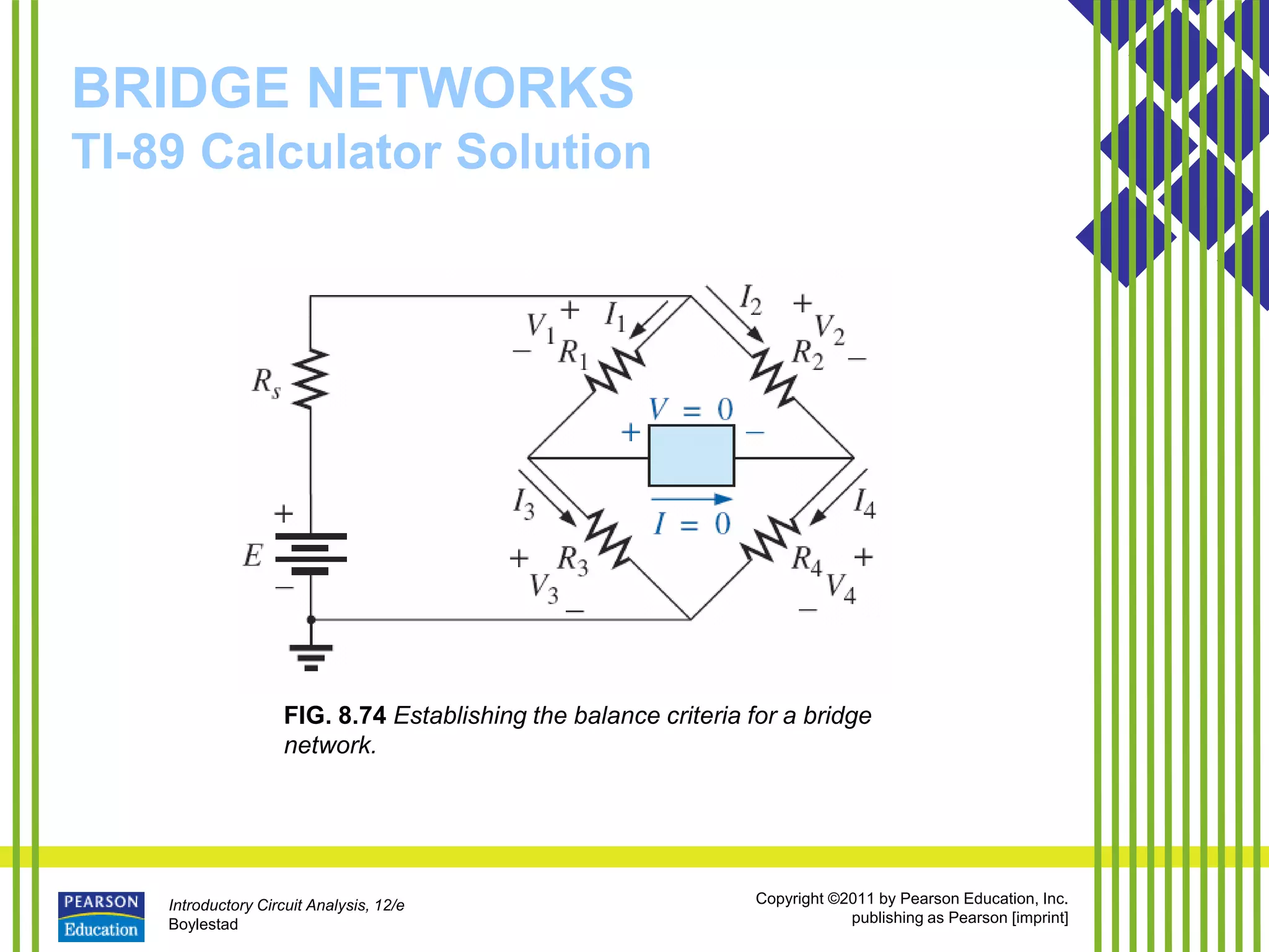 Introductory Circuit Analysis, 12/e
Boylestad
Copyright ©2011 by Pearson Education, Inc.
publishing as Pearson [imprint]
BRIDGE NETWORKS
TI-89 Calculator Solution
FIG. 8.74 Establishing the balance criteria for a bridge
network.
 