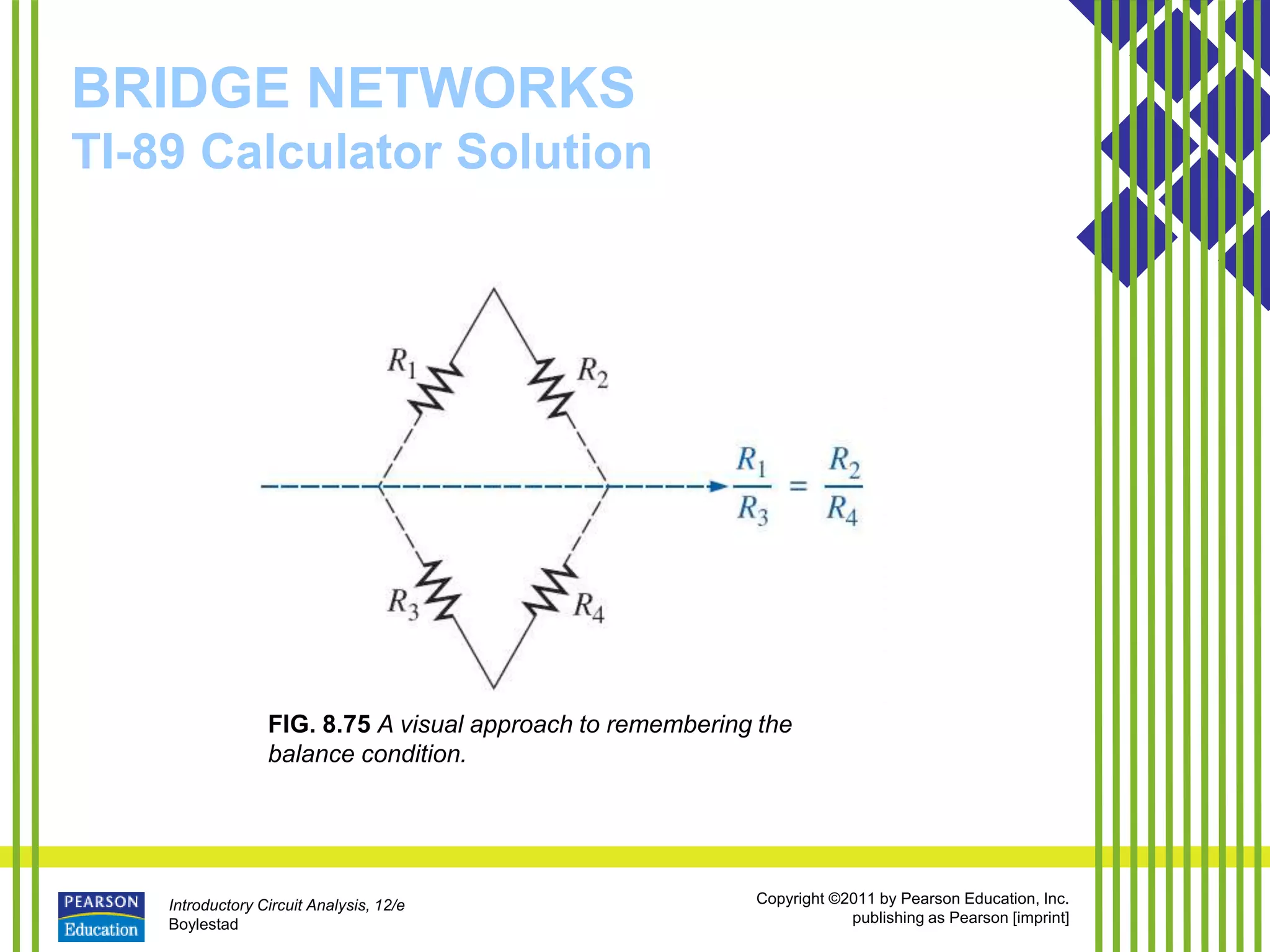 Introductory Circuit Analysis, 12/e
Boylestad
Copyright ©2011 by Pearson Education, Inc.
publishing as Pearson [imprint]
BRIDGE NETWORKS
TI-89 Calculator Solution
FIG. 8.75 A visual approach to remembering the
balance condition.
 