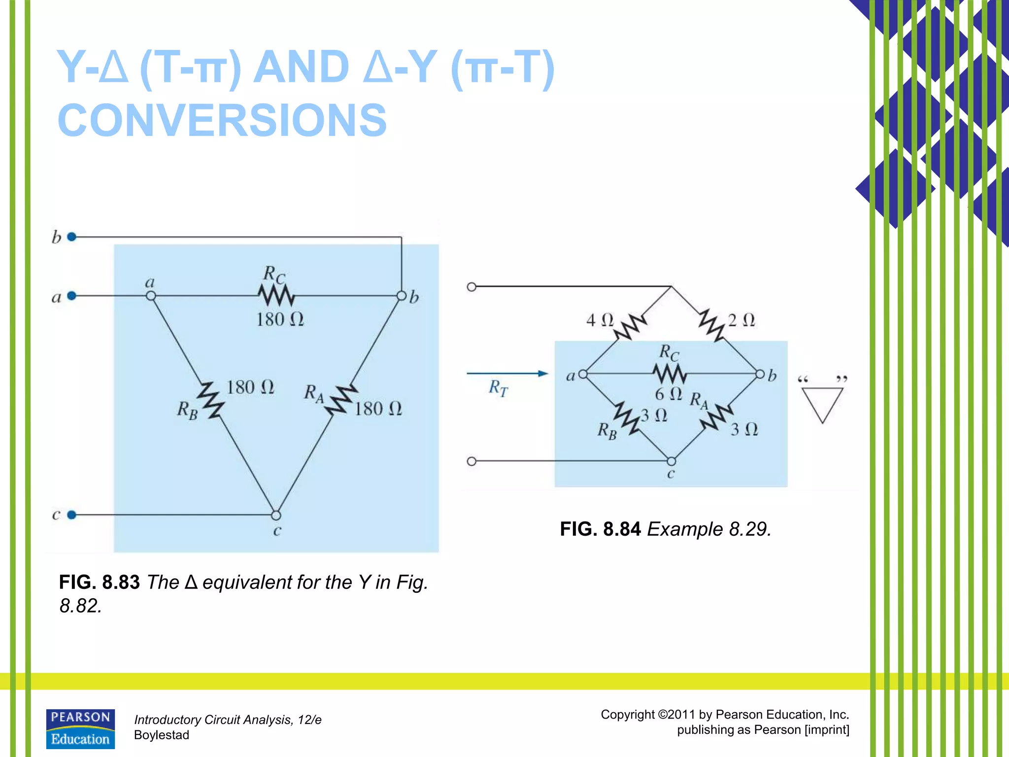Introductory Circuit Analysis, 12/e
Boylestad
Copyright ©2011 by Pearson Education, Inc.
publishing as Pearson [imprint]
Y-Δ (T-π) AND Δ-Y (π-T)
CONVERSIONS
FIG. 8.83 The Δ equivalent for the Y in Fig.
8.82.
FIG. 8.84 Example 8.29.
 