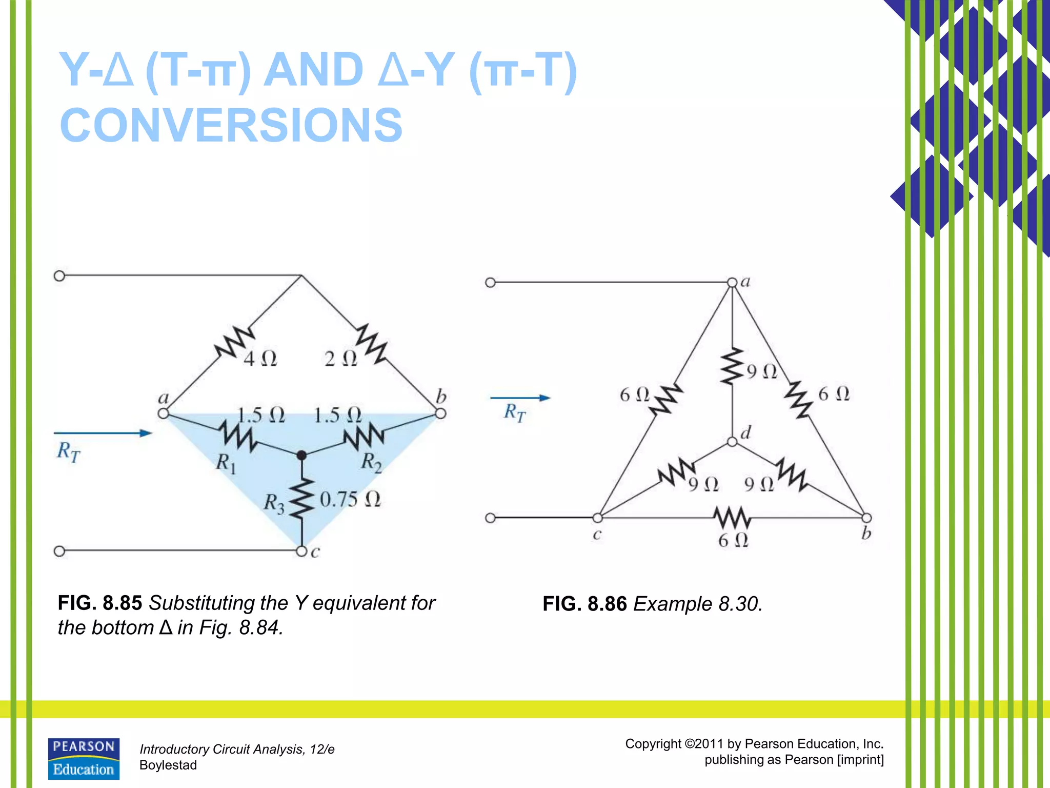 Introductory Circuit Analysis, 12/e
Boylestad
Copyright ©2011 by Pearson Education, Inc.
publishing as Pearson [imprint]
Y-Δ (T-π) AND Δ-Y (π-T)
CONVERSIONS
FIG. 8.85 Substituting the Y equivalent for
the bottom Δ in Fig. 8.84.
FIG. 8.86 Example 8.30.
 