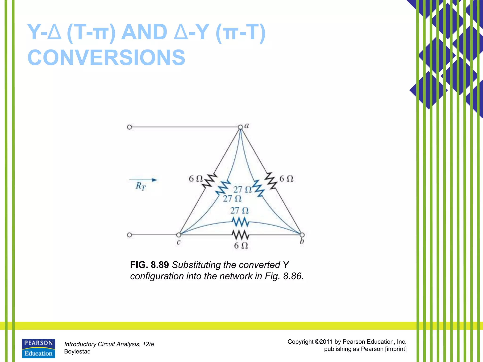 Introductory Circuit Analysis, 12/e
Boylestad
Copyright ©2011 by Pearson Education, Inc.
publishing as Pearson [imprint]
Y-Δ (T-π) AND Δ-Y (π-T)
CONVERSIONS
FIG. 8.89 Substituting the converted Y
configuration into the network in Fig. 8.86.
 