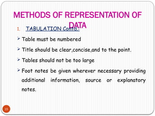METHODS OF REPRESENTATION OF
DATA
15
1. TABULATION Contd.:
 Table must be numbered
 Title should be clear,concise,and to the point.
 Tables should not be too large
 Foot notes be given wherever necessary providing
additional information, source or explanatory
notes.
 