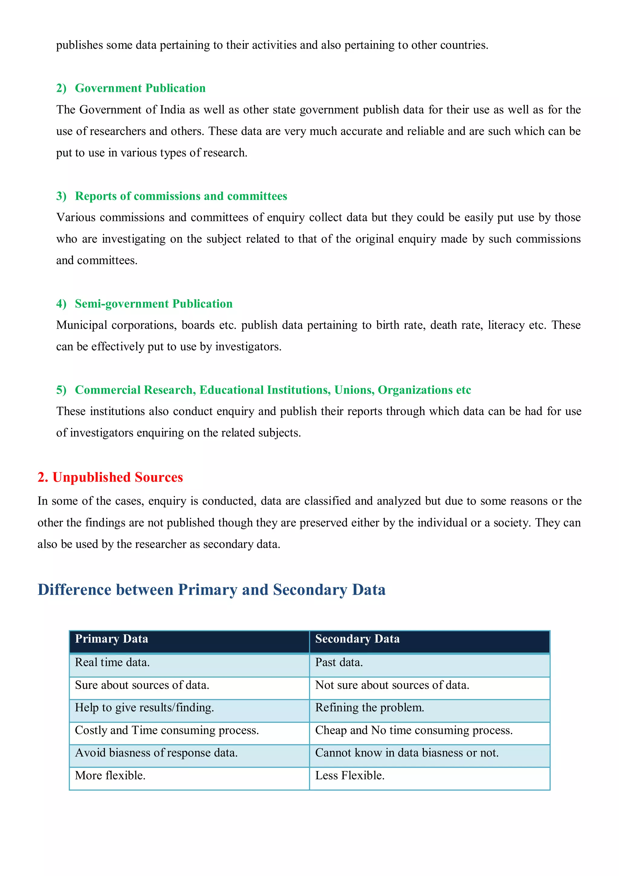 publishes some data pertaining to their activities and also pertaining to other countries.
2) Government Publication
The Government of India as well as other state government publish data for their use as well as for the
use of researchers and others. These data are very much accurate and reliable and are such which can be
put to use in various types of research.
3) Reports of commissions and committees
Various commissions and committees of enquiry collect data but they could be easily put use by those
who are investigating on the subject related to that of the original enquiry made by such commissions
and committees.
4) Semi-government Publication
Municipal corporations, boards etc. publish data pertaining to birth rate, death rate, literacy etc. These
can be effectively put to use by investigators.
5) Commercial Research, Educational Institutions, Unions, Organizations etc
These institutions also conduct enquiry and publish their reports through which data can be had for use
of investigators enquiring on the related subjects.
2. Unpublished Sources
In some of the cases, enquiry is conducted, data are classified and analyzed but due to some reasons or the
other the findings are not published though they are preserved either by the individual or a society. They can
also be used by the researcher as secondary data.
Difference between Primary and Secondary Data
Primary Data Secondary Data
Real time data. Past data.
Sure about sources of data. Not sure about sources of data.
Help to give results/finding. Refining the problem.
Costly and Time consuming process. Cheap and No time consuming process.
Avoid biasness of response data. Cannot know in data biasness or not.
More flexible. Less Flexible.
 