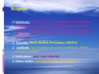 Reagents
 Substrate: TMB (3,3',5,5', tetramethyl benzidine) The
enzyme acts as a catalyst to oxidize substrate in the
presence of Hydrogen peroxide to produce a blue color.
Reaction stopped with dilute acid to cause complex to
turn yellow.
 Enzyme: Horse Radish Peroxidase (HRPO)
 Antibody: IgG fraction of serum purified by afinity
chrometography.
 Solid phase: poly vinyl chloride.
 Dilute buffer: phosphate buffer, neutral ph.
 