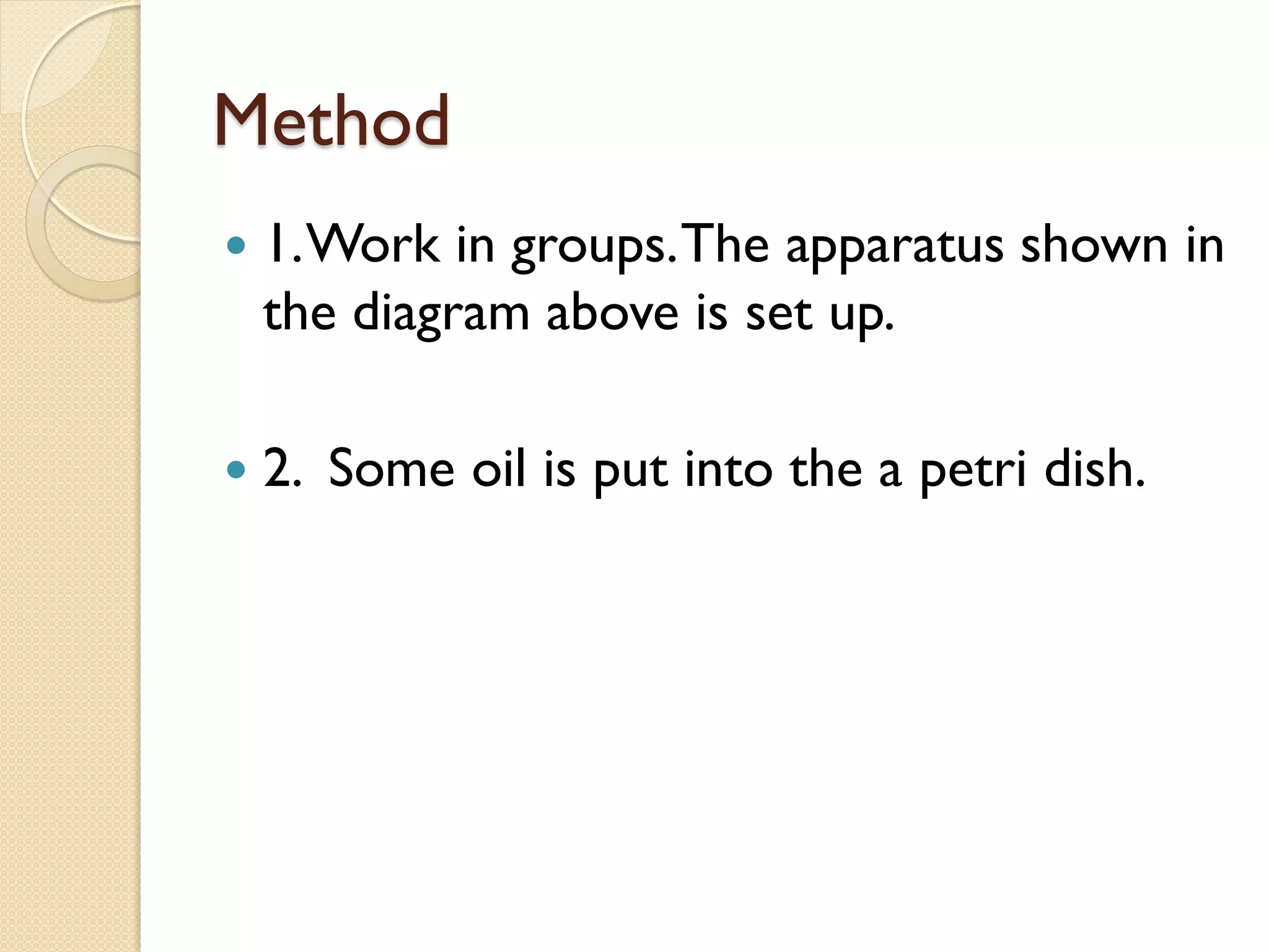 Method
   1. Work in groups. The apparatus shown in
    the diagram above is set up.

   2. Some oil is put into the a petri dish.
 