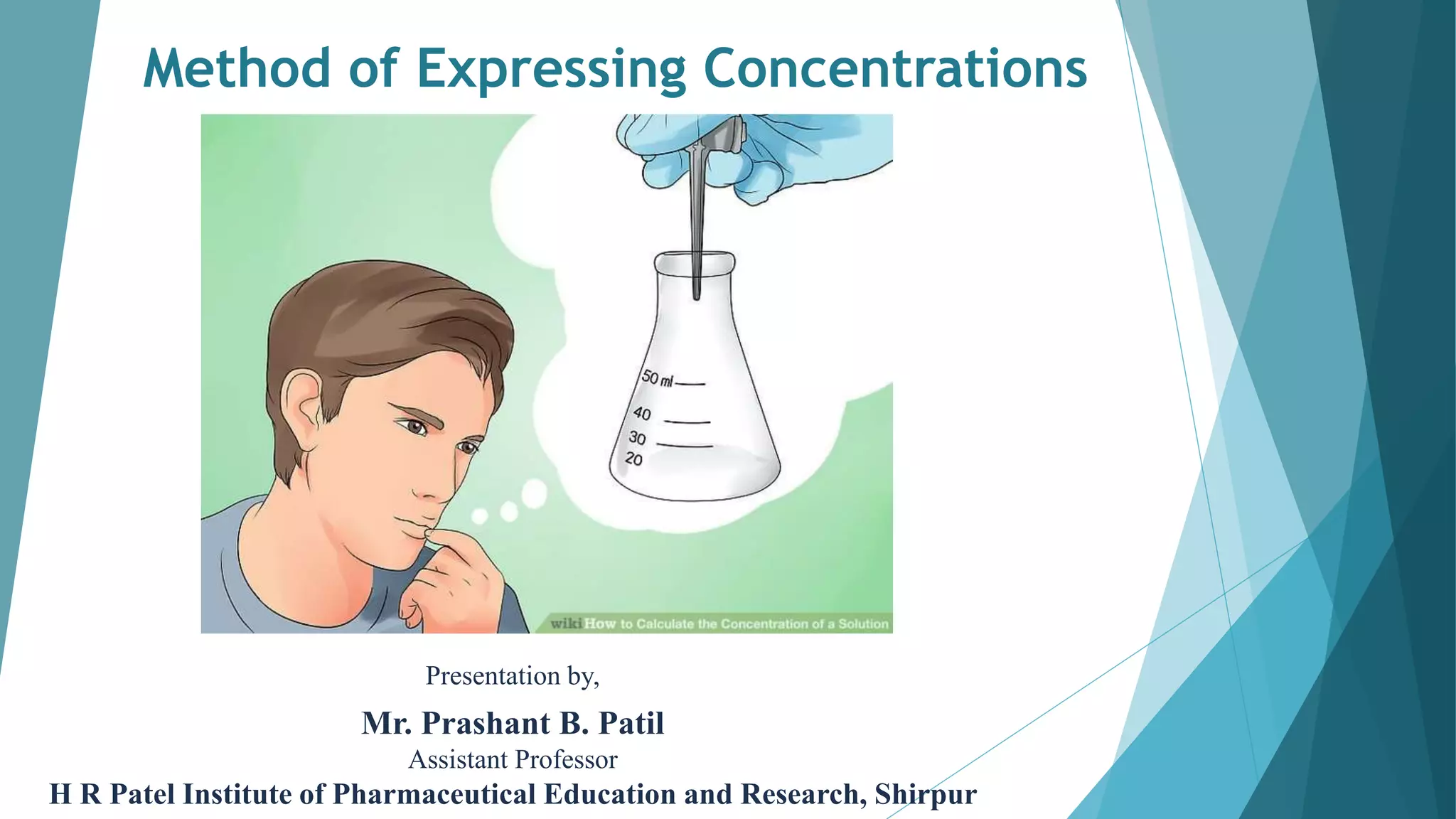 Method of Expressing Concentrations
Presentation by,
Mr. Prashant B. Patil
Assistant Professor
H R Patel Institute of Pharmaceutical Education and Research, Shirpur
 