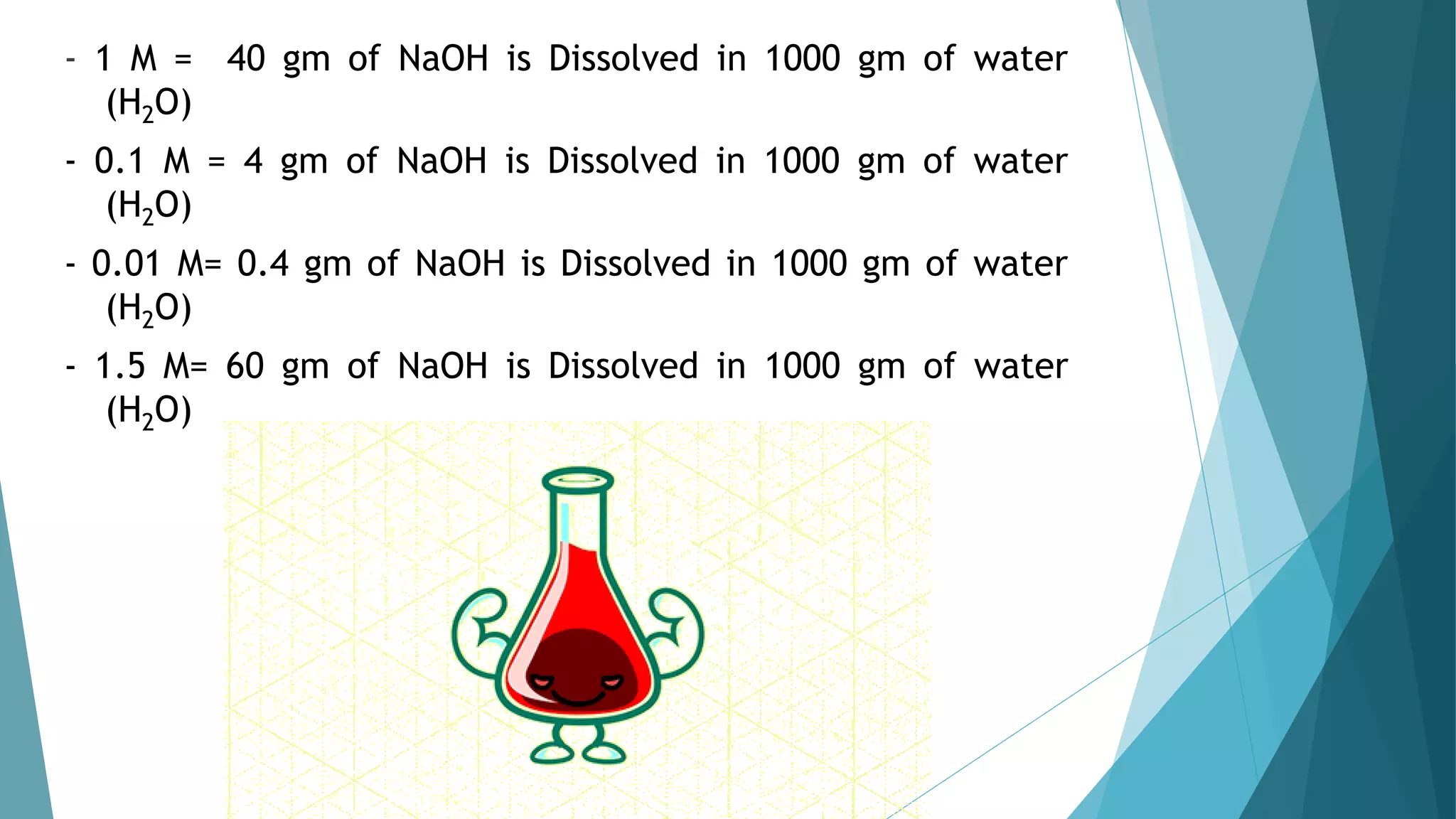 - 1 M = 40 gm of NaOH is Dissolved in 1000 gm of water
(H2O)
- 0.1 M = 4 gm of NaOH is Dissolved in 1000 gm of water
(H2O)
- 0.01 M= 0.4 gm of NaOH is Dissolved in 1000 gm of water
(H2O)
- 1.5 M= 60 gm of NaOH is Dissolved in 1000 gm of water
(H2O)
 