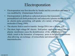 Electroporation
• Electroporation was first describe by Sendai and his coworkers and latter it
was modified by Zimmermann Schewich.
• Electroporation is defined as a physical process that transiently
permeablized cell (both prokaryotic and eukaryotic) plasma membrane with
an electric pulse ,permitting cell uptake of a variety of biological
molecules (Chang,1989).
• The electric field is used to transfer foreign DNA into a fragile cell.
• The short, high voltage DC electric field pulses applied to eukaryotic cell
plasma membranes cause the destablization of the phospholipid layer
which result in the formation of temporary pores in the plasma membrane
,thus allowing an exchange of extracellular and intracellular
macromolecules.
 