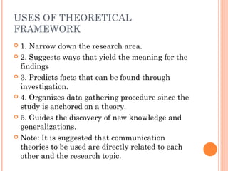 USES OF THEORETICAL
FRAMEWORK
 1. Narrow down the research area.
 2. Suggests ways that yield the meaning for the
findings
 3. Predicts facts that can be found through
investigation.
 4. Organizes data gathering procedure since the
study is anchored on a theory.
 5. Guides the discovery of new knowledge and
generalizations.
 Note: It is suggested that communication
theories to be used are directly related to each
other and the research topic.
 