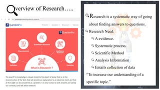 verview of Research…..
Research is a systematic way of going
about finding answers to questions.
Research Need:
A evidence.
Systematic process.
Scientific Method
Analysis Information
Entails collection of data
“To increase our understanding of a
specific topic.”
 