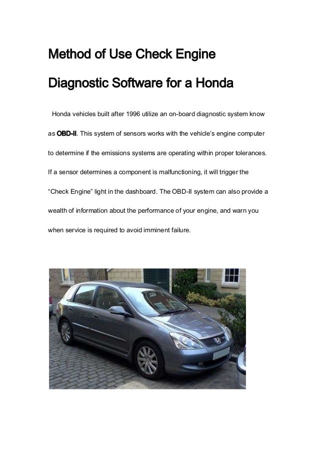 Method of use check engine diagnostic software for a honda