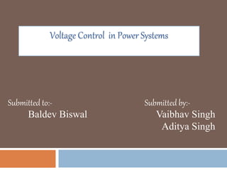 Voltage Control in Power Systems
Submitted by:-
Vaibhav Singh
Aditya Singh
Submitted to:-
Baldev Biswal
 