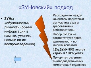 «ЗУНовский» подход ЗУН ы- «обученность» личности (объем информации в памяти, умения, навыки по их воспроизведению) Расхождение между качеством подготовки выпускника вуза и требованиями работодателей. Набор ЗУНов не соответствует проф. деятельности по многим аспектам. 15% ЗУН + 85% экстра хар-ки = 100% успех . Приоритет развития лингводидактических компетенций студентов 