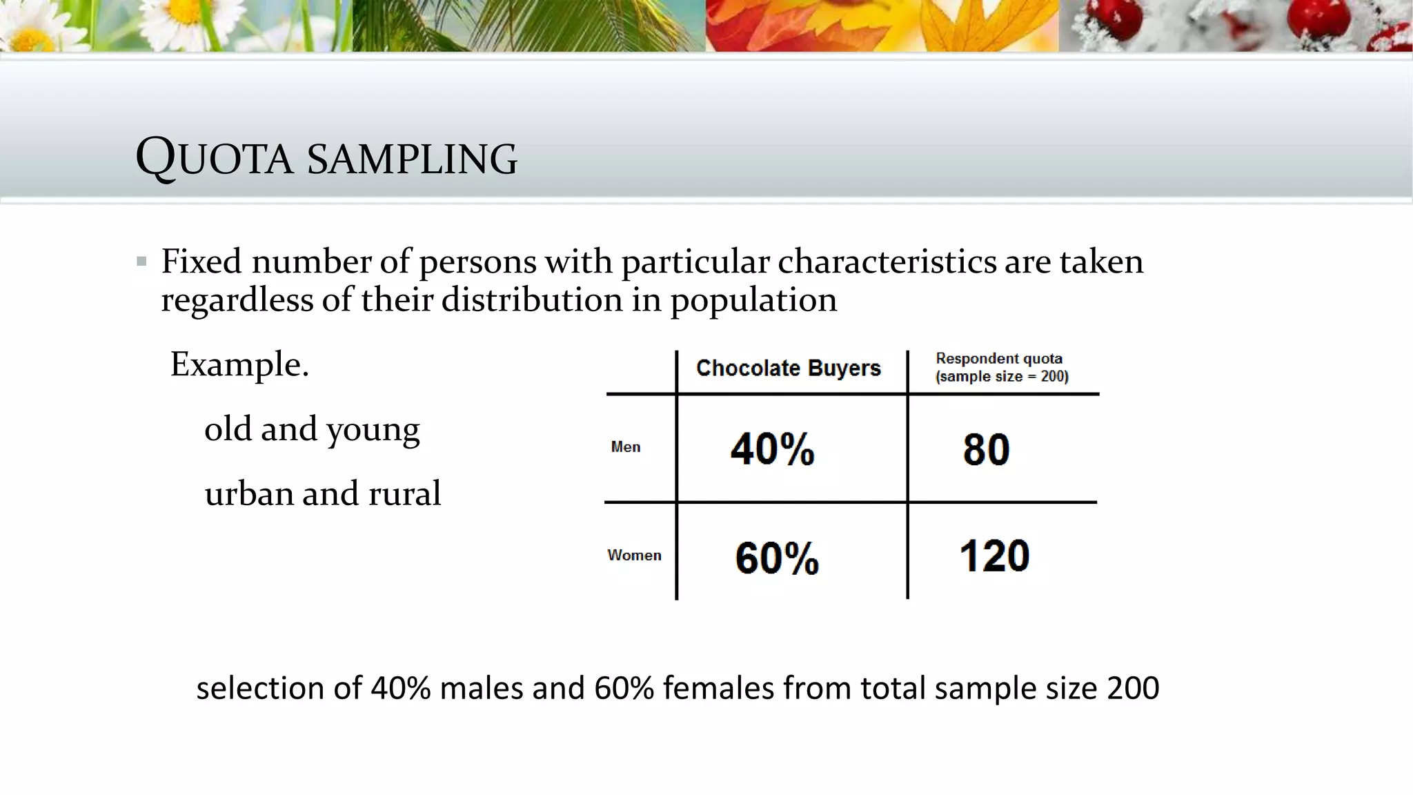 QUOTA SAMPLING
 Fixed number of persons with particular characteristics are taken
regardless of their distribution in population
Example.
old and young
urban and rural
selection of 40% males and 60% females from total sample size 200
 
