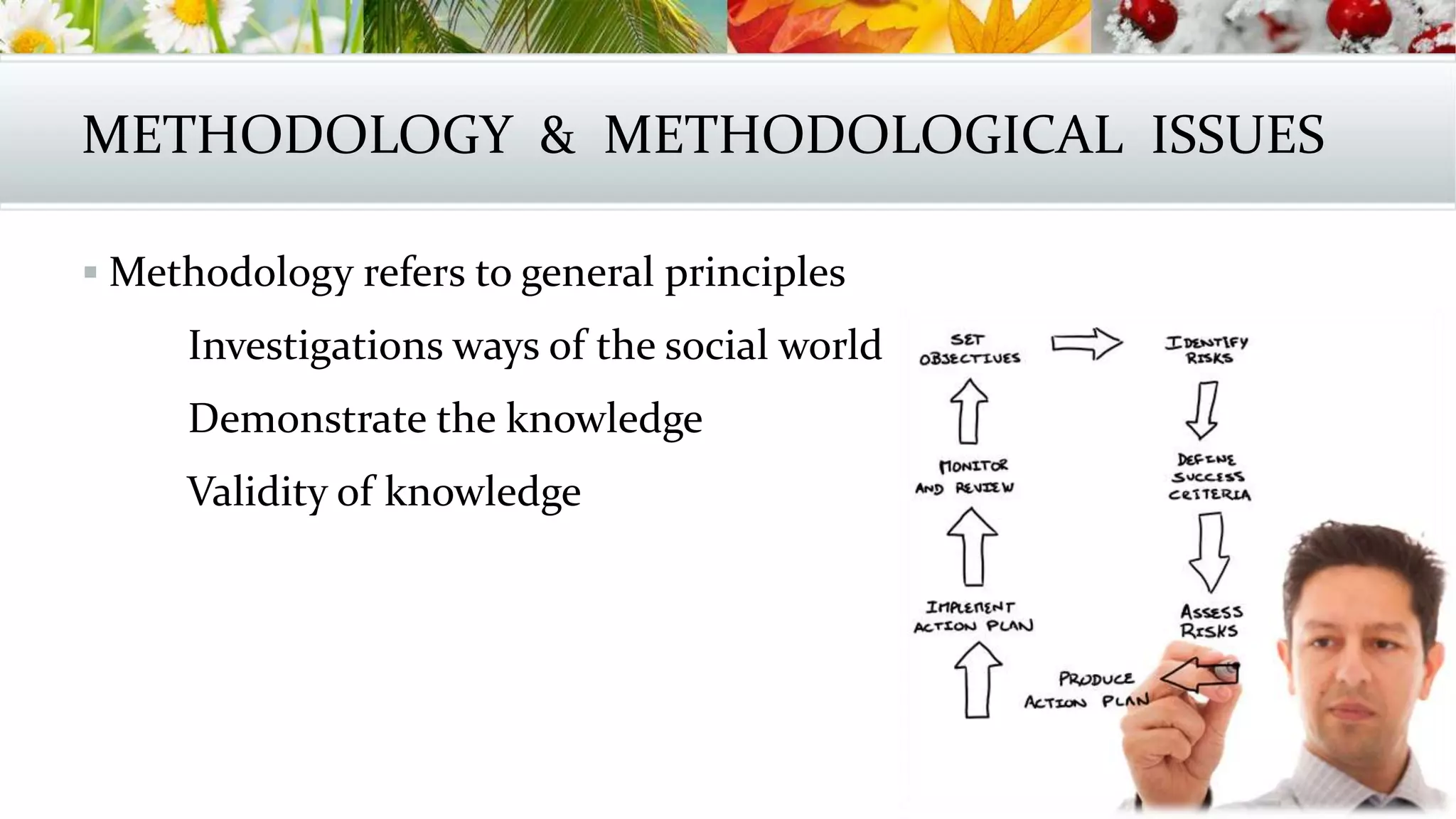 METHODOLOGY & METHODOLOGICAL ISSUES
 Methodology refers to general principles
Investigations ways of the social world
Demonstrate the knowledge
Validity of knowledge
 