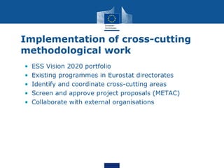 Implementation of cross-cutting
methodological work
• ESS Vision 2020 portfolio
• Existing programmes in Eurostat directorates
• Identify and coordinate cross-cutting areas
• Screen and approve project proposals (METAC)
• Collaborate with external organisations
 