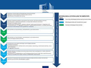 METHODOLOGICAL ACTIVITIES ALONG THE GSBPM STEPS
Legend:
Cross-cutting methodological activities requiring horizontal initiative
Methodological activities with horizontal ad-hoc support
Directorate methodological domain activities
1. Specify
needs
•Definition of new needs and dealing with unstructured data
•Definition of new statistical products and/or services
•Identification of possible new sources
2. Design
•Design of statistical products and services (new sources, new data analytics services)
•Harmonisation: statistical classification, concept, data collection instrument.
•Design for European surveys.
•Standardised methods/tools: validation methods, model based estimation , integrating and
combining sources, EU aggregates estimation, confidentiality procedures, or quality assessment.
• Statistical methodology services (guidelines, handbook)
3. Build.
•ESS activities on harmonisation, standardisation, and modernisation
4. Collect
•ESS activities on harmonisation, standardisation, and modernisation
•Data Exchange/reception/sharing
5. Process
•Combining sources (data matching/ record linkage methods).
•Validation procedure.
•Imputation/estimation methods (time series analysis, nowcasting, model based methods, micro-
data simulation).
•EU aggregate estimation.
6. Analyse
•Quality indicators including uncertainty measurement (non-sampling error, outliers detection,
revisions impact).
•Development of confidentiality on the fly allowing external users to get tailor made extractions
based on microdata that respect relevant confidentiality requirements.
7.
Disseminate
•Provision of necessary input and tools for disseminating statistical product and services.
•Vertical and horizontal methodological support
QUALITYANDMETADATAMANAGEMENT
 